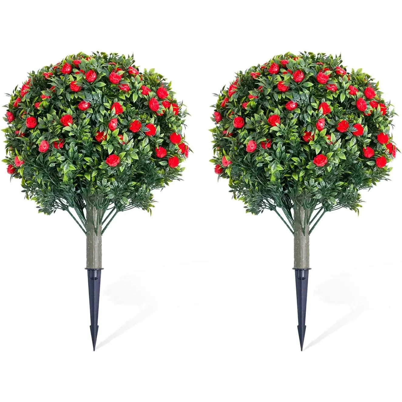 2-Pack 23.6" Red Rose Topiary Ball Tree – Artificial Flower Plant with Ground Spike, Indoor/Outdoor Decor for Home, Garden & Patio