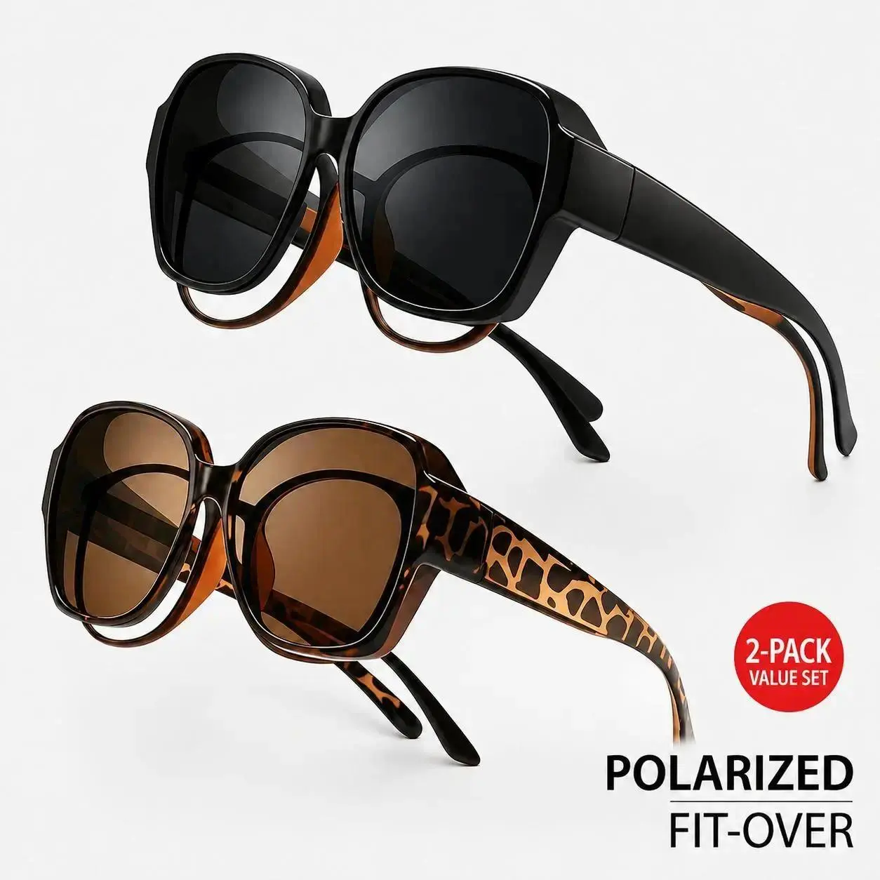 2 Pack Fit-Over Oversized Retro Sunglasses for Men Women • Slide Over Prescription Glasses Two-Piece Value Bundle Polarized Driving Shades cycling