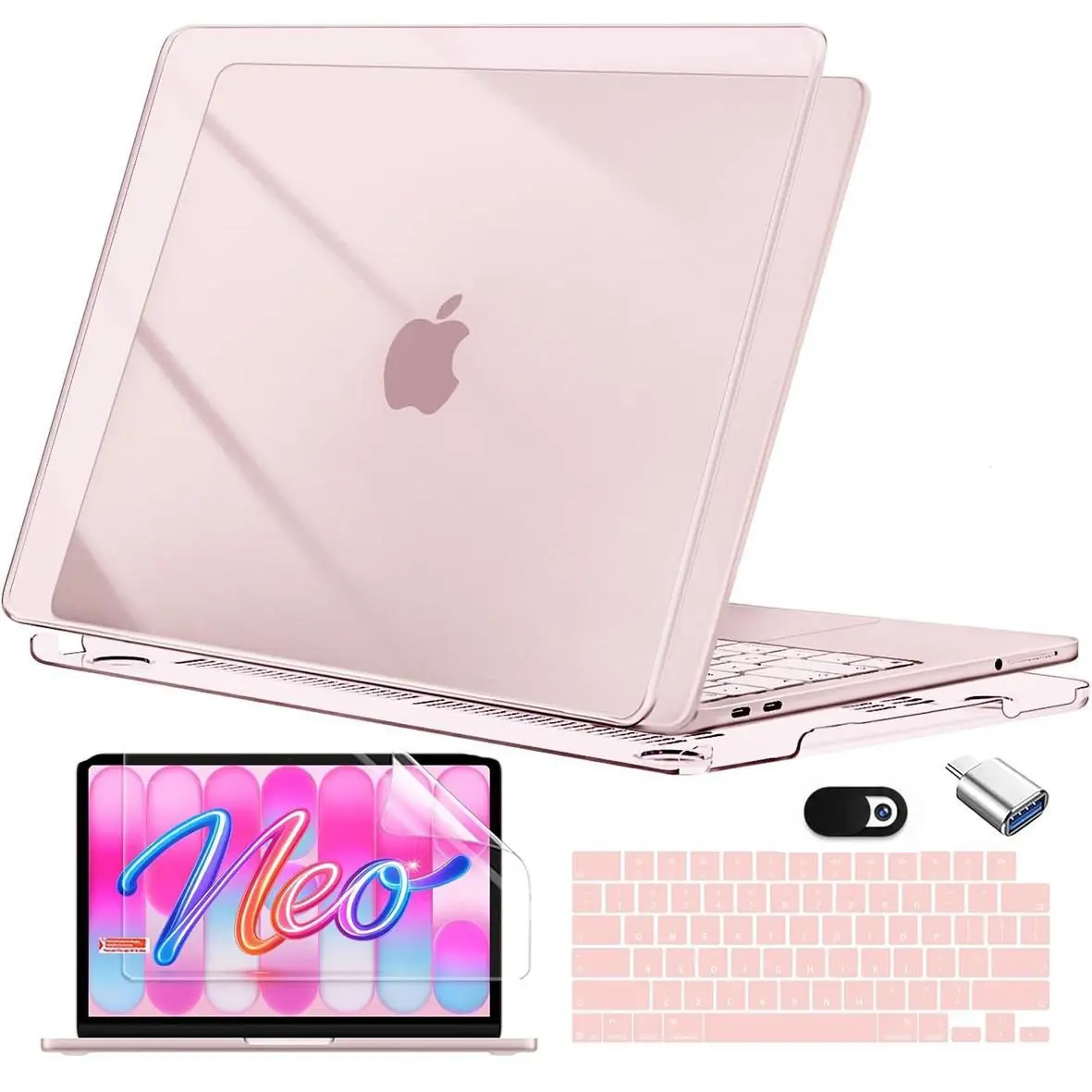 For MacBook NEO Case 5 in 1, Pink Crystal Clear Hard Shell Laptop Cover with Keyboard Cover HD Screen Protector OTG Adapter Camera Privacy Cover Full Protection Accessories Kit 2026 New