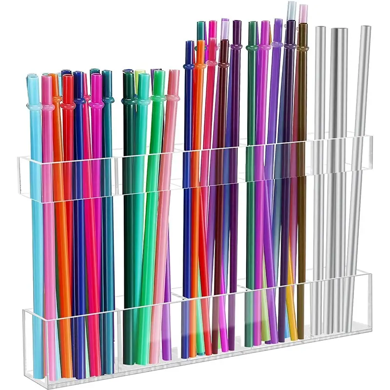 Clear Acrylic Wall-Mounted Straw Holder, 4-Compartment Adhesive Transparent Storage Rack, No Drilling Kitchen Organizer for Reusable Straws, Utensils