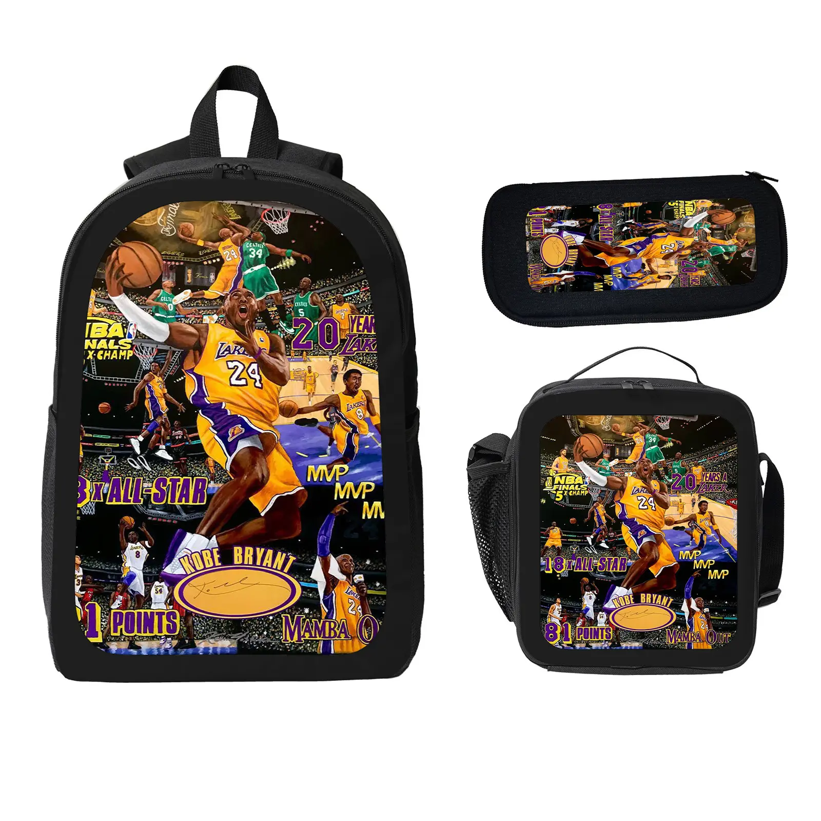 Unisex 3-Piece Kobe Bryant Set Pack, Boys Backpack for School with Large Capacity Bookbag, Insulated Lunch Bag, Pencil Case, Water-Resistant Travel Daypack for Elementary-Middle School