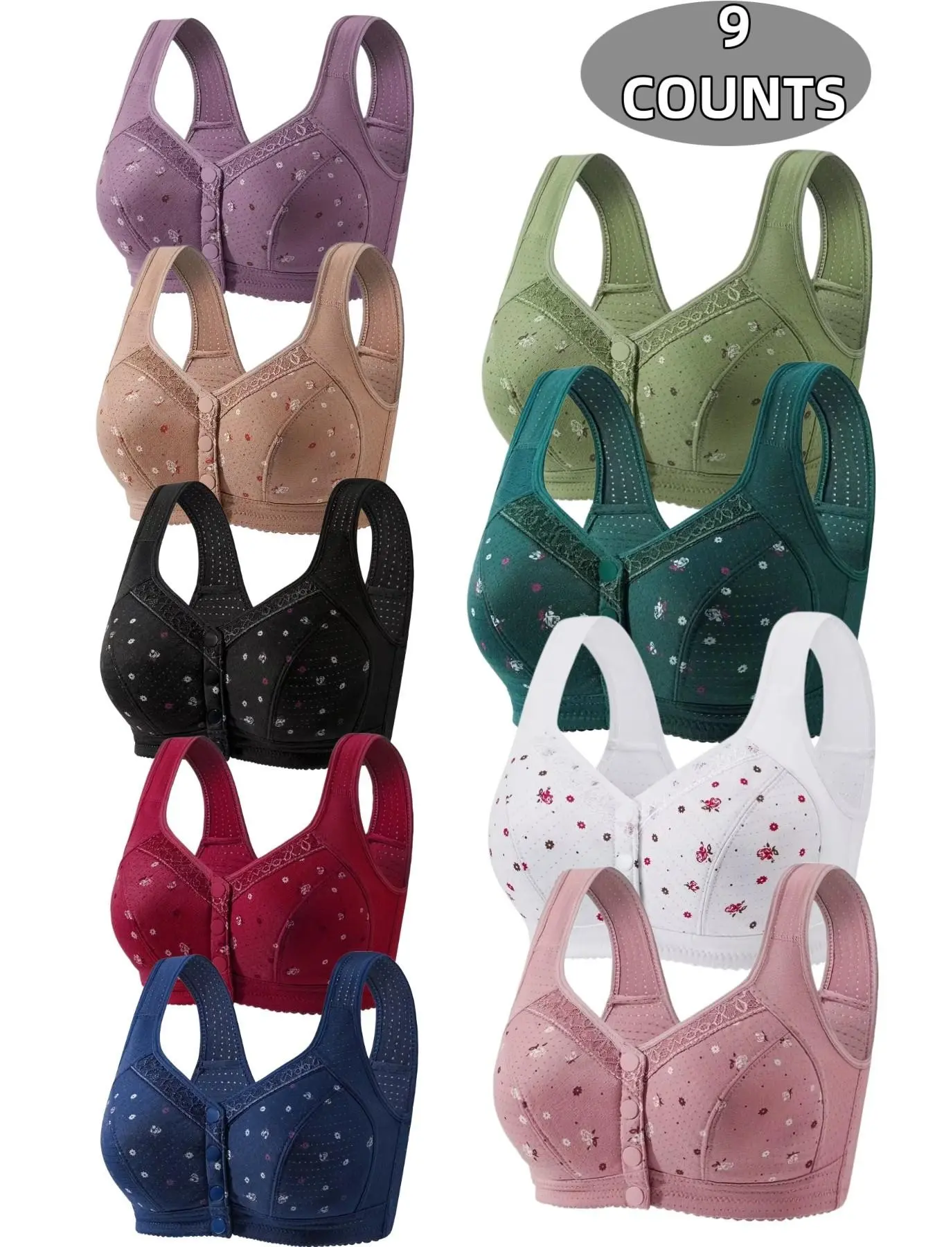 9-Piece Women's Lace Wireless Front Buckle Push-Up Bra, Underwear Seamless Comfort Fit, Smooth, Daily Wear Underwire-Free Bra, Breathable Soft Fabric, Full Day Support