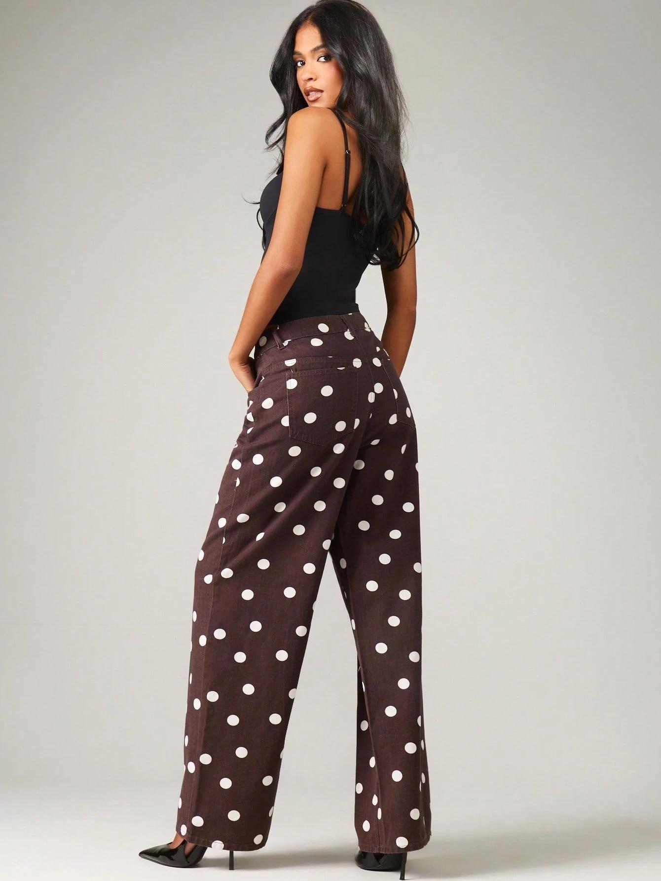 Women's Casual High-Waisted Stretch Polka Dot Wide Leg High Waisted Retro Style Jeans