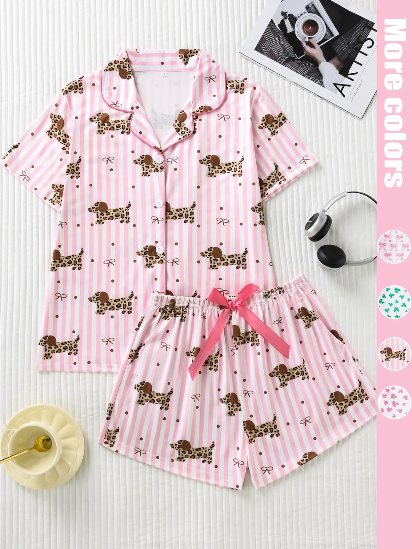 Women's Two-Piece Matching Pajama Homewear Set, Cute Sausage Dog, Leopard and Striped Full-Print Design Sleepwear, Premium Satin Fabric, Comfortable & Stylish, Lightweight Loungewear