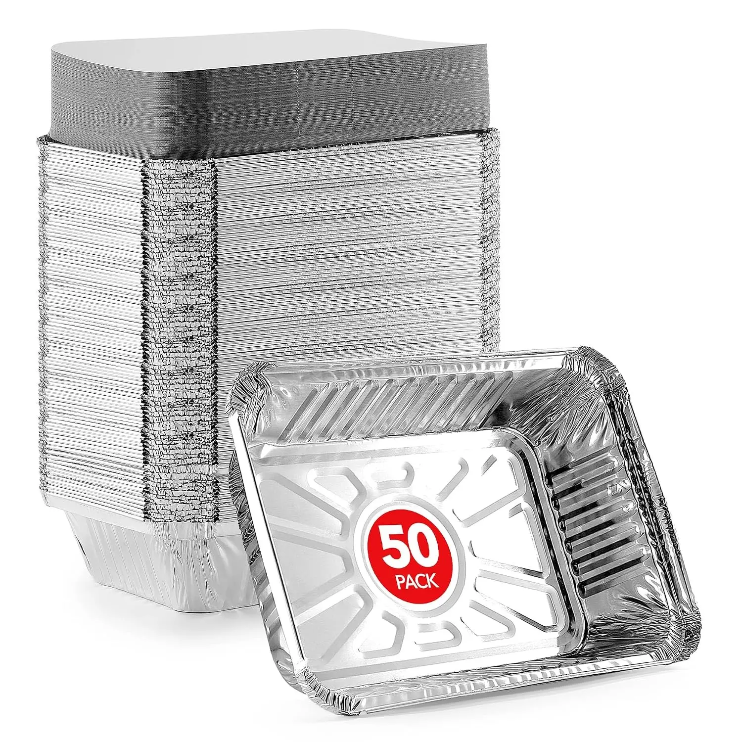 Aluminum Pans Take Out Containers with Lids (50 Pack) 2 Lb Disposable Aluminum Foil Oblong Pans with Cardboard Covers - To Go Food Storage Containers for Baking, Meal Prep, Takeout and Freezer