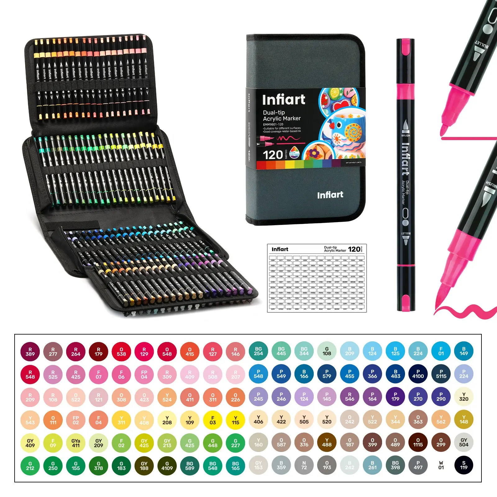 Infiart Dual-Tip Acrylic Marker Pens, Stackable Colors, Water-Based Ink, 48/72/120 Colors, Ideal for Art, Diaries, Crafts, School Supplies