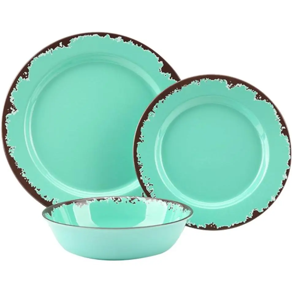 Rustic Melamine Dinnerware Set,12pcs Plates and Bowls Sets-Green