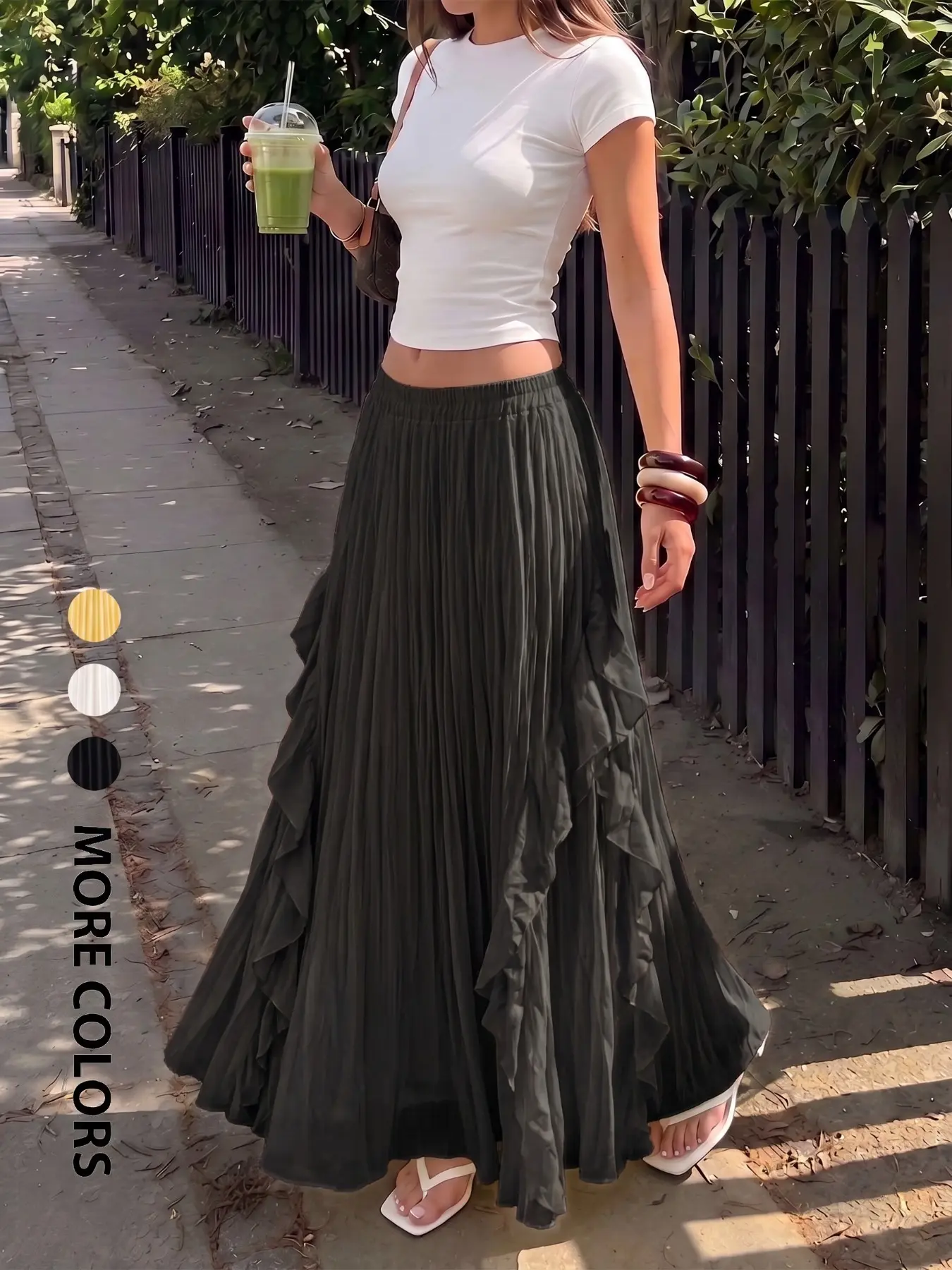 Women Minimalist Chiffon Breathable Pleated Floor Length Feminine Skirt Elastic Waist Asymmetrical Ruffle Trim Flowy Summer Beach Single Long Bottoms
