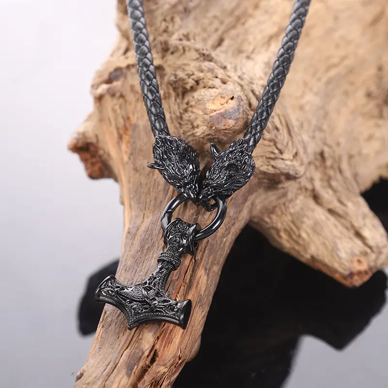 Viking Thor's Hammer Wolf Head Pendant Necklace, Retro Nordic Leather Rope Chain Amulet Charm, Heavy Metal Male Wear Jewelry for Party Cosplay, Punk Rock Festival Neckwear