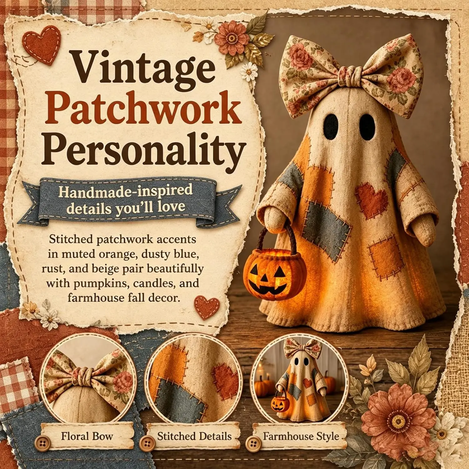 Vintage Patchwork Pumpkin Lantern Halloween Decoration, Retro Halloween Ghost, Rustic Fall Fireplace Mantel Doorway Decor