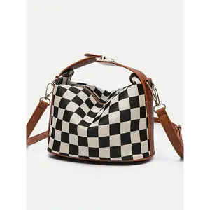 Checkerboard Crossbody Shoulder Bag For Women, Trendy Metal Accent Handbag With Adjustable Strap, Y2K Streetwear Purse For Shopping, Travel And Daily Commute, Old Money Aesthetic Fashion Accessory, Compact Everyday Carry Bag With Chic Checkered Design