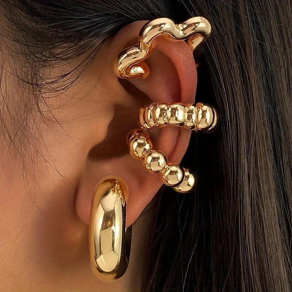 4Pcs Y2K Punk Ear Cuff Set for Women, Non Pierced C Shape Water Drop Clip On Earrings, Gold Statement Cartilage Ear Clips, Edgy No Piercing Needed Jewelry, Lightweight Stackable Earrings for Party, Festival & Clubwear
