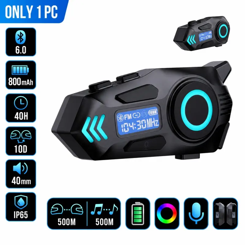 Motorcycle Helmet Bluetooth Headphones, Multi-Rider Intercom Headset with 40mm Speaker, Digital Display and Ambient Light
