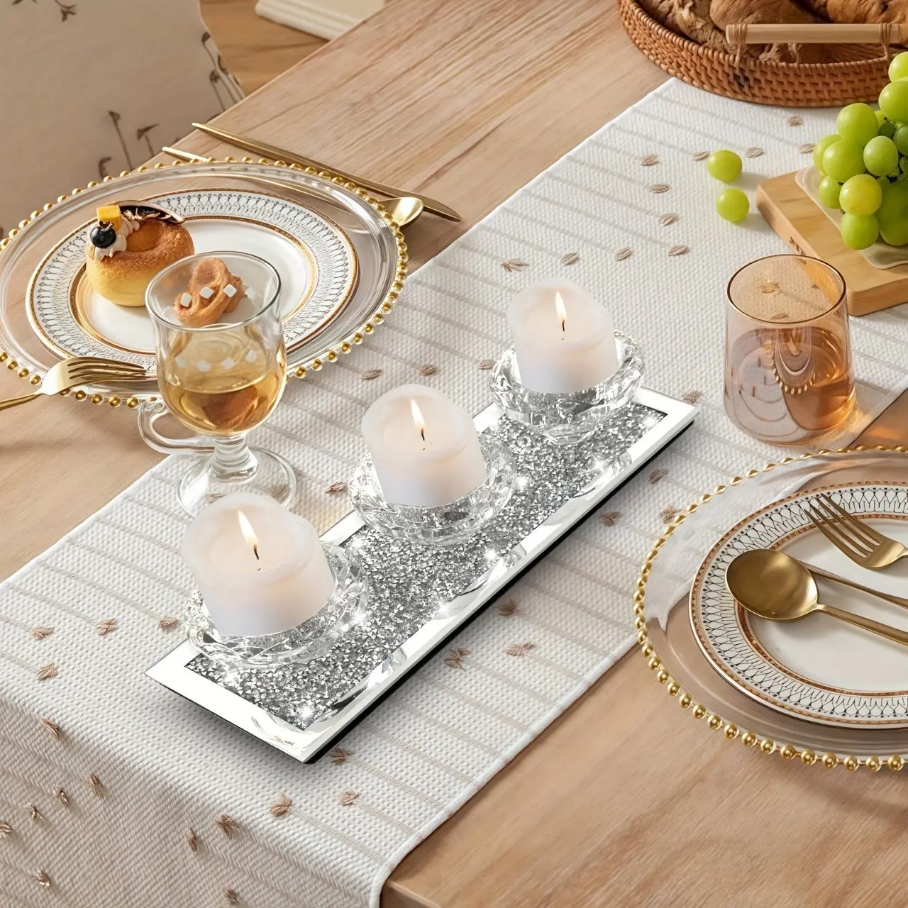 Crystal Crushed Diamond Tealight Candle Holder - Set of 3 Tea Light Candle Holders Attached to a Glass Mirror Tray - Decorative Table Centerpiece for Tea Light and Votive Candles