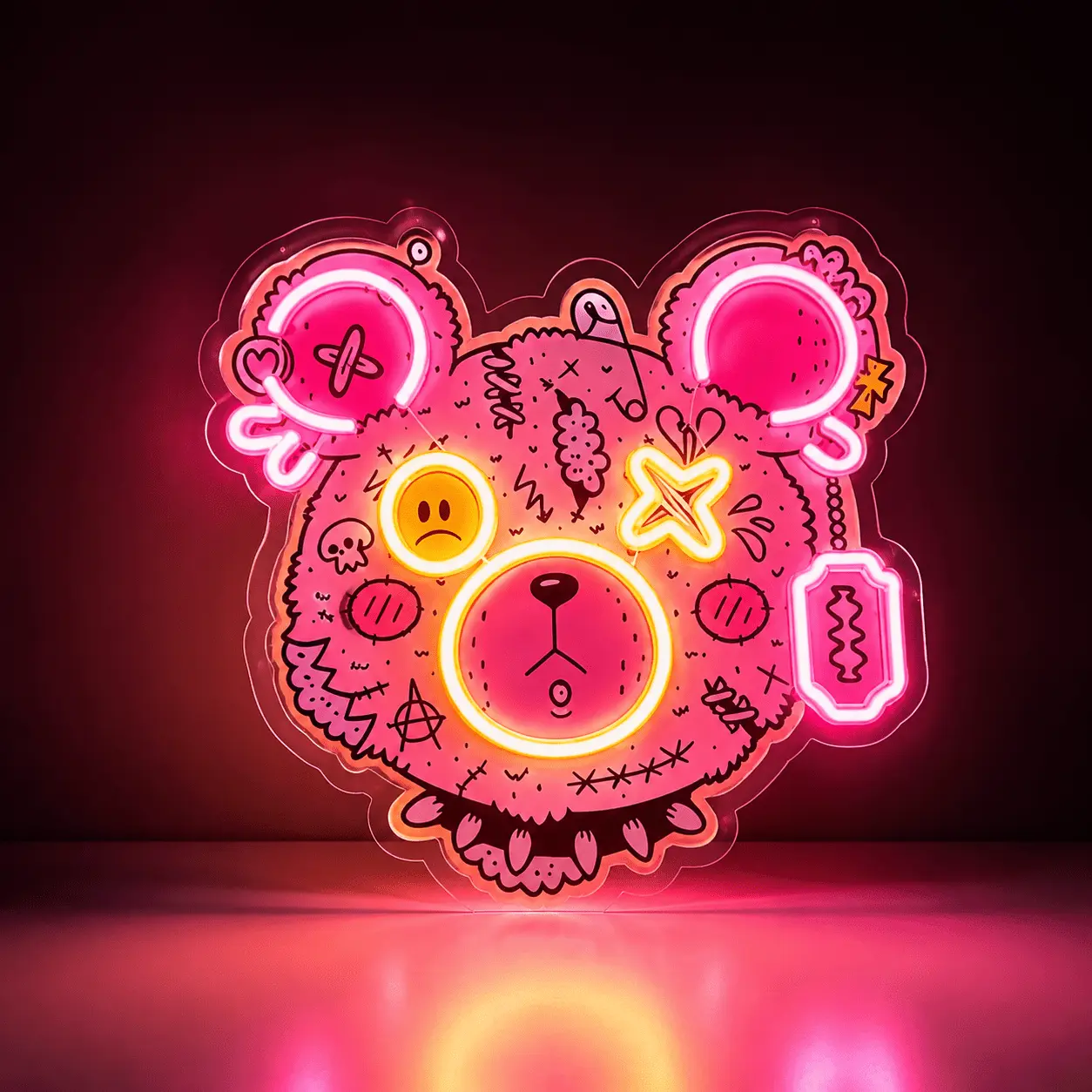 Pink Zombie Bear LED Neon Sign - USB-Powered, Dimmable Plastic Neon Light with Ambient Glow, Indoor Gothic Bedroom Decor, Unique Horror Fan Gift