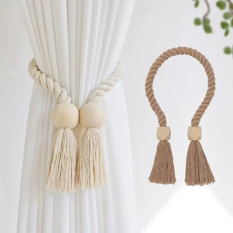 1/4 Pcs Magnetic Curtain Tie Backs, Wood Bead Curtain Holders with No Drill Design, Farmhouse Window Drapery Tiebacks for Bedroom Living Room Decor