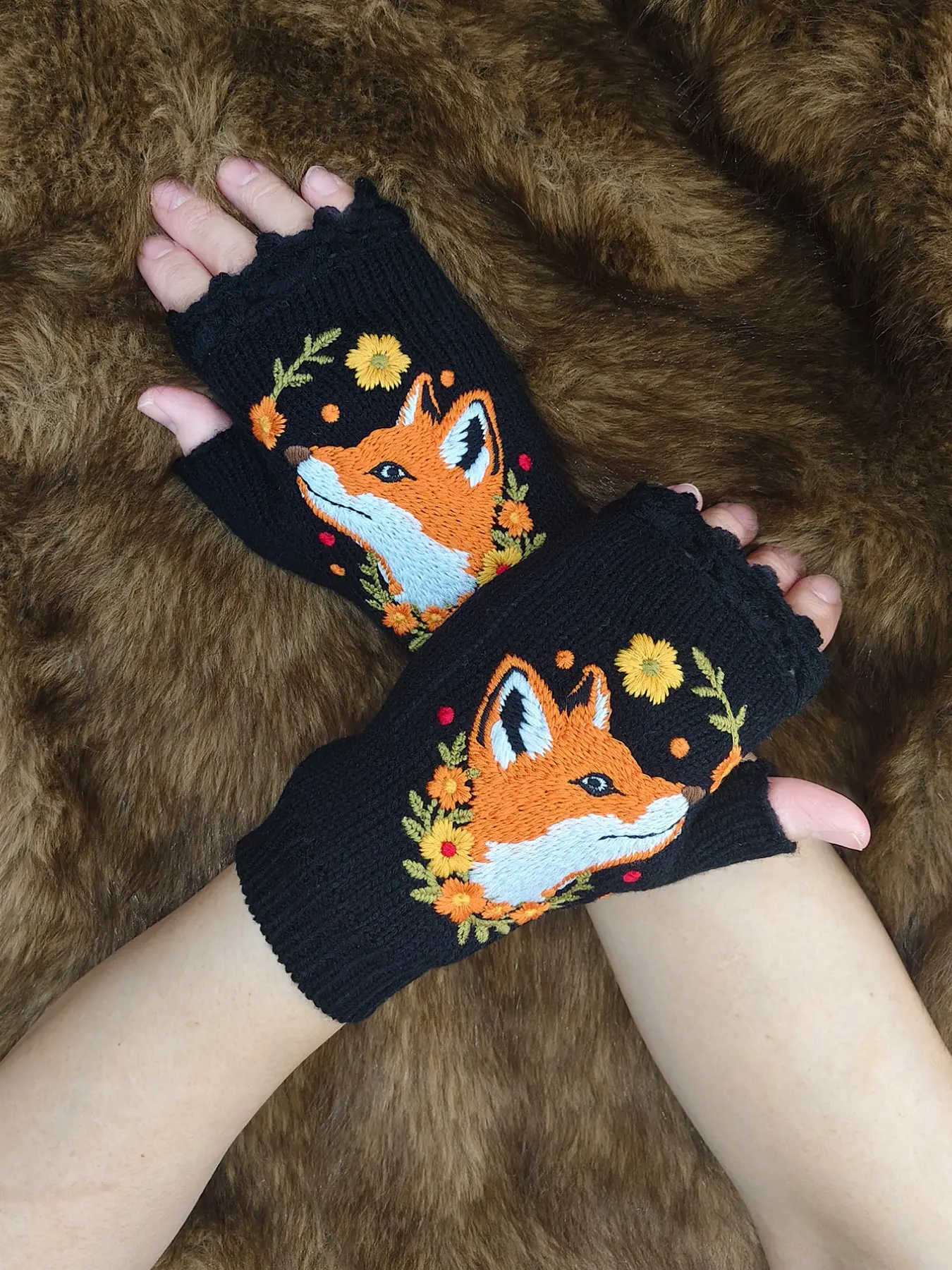 Rustic Vintage Floral Fox Embroidered Fingerless Knit Gloves, Touchscreen Fall Winter Decorative Gloves, Casual Slim-Fitting Style