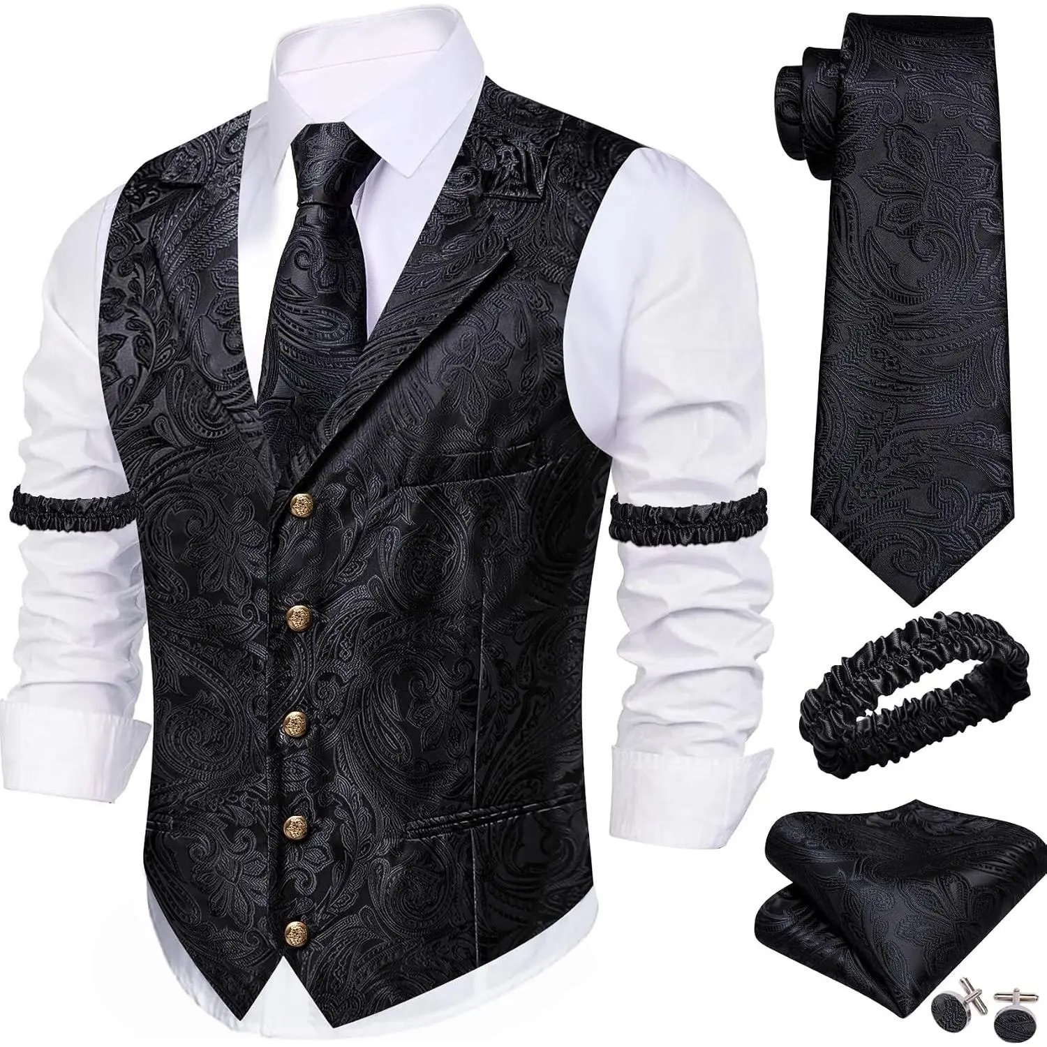 Menswear Formal 5PCS Silk Fabric Soft Paisley/Floral Suit Vest Set - Lapel/Shawl Collar Jacquard Vest, Tie, Handkerchief, Cufflinks, Sleeve Holder - Business Wedding S-3XL Waistcoat