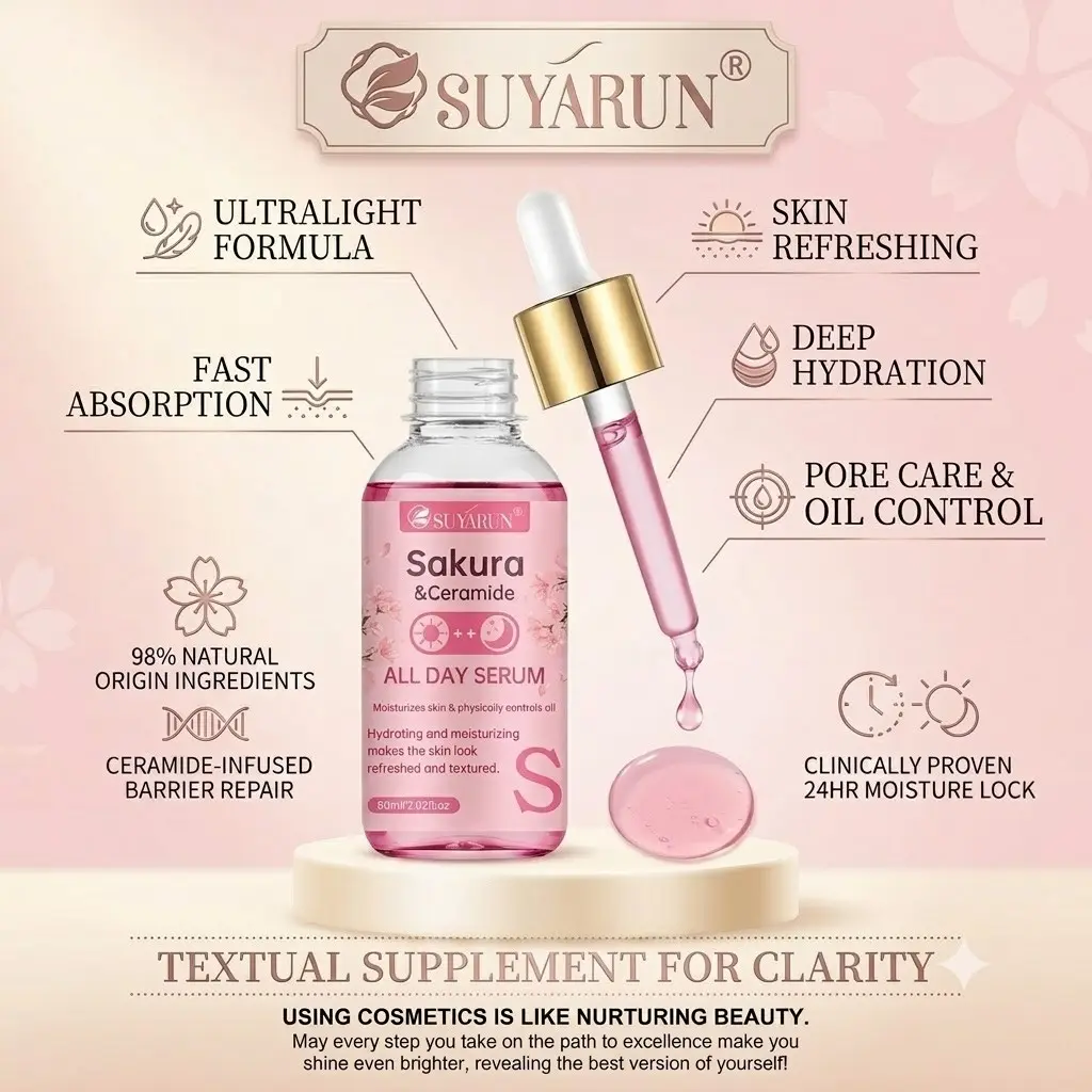 SUYARUN Sakura & Ceramide Face Serum - Deep Hydrating & Barrier Repair Glow Serum for Dry & Sensitive Skin, Pore Minimizing, Oil Control & Radiant Glass Skin Care