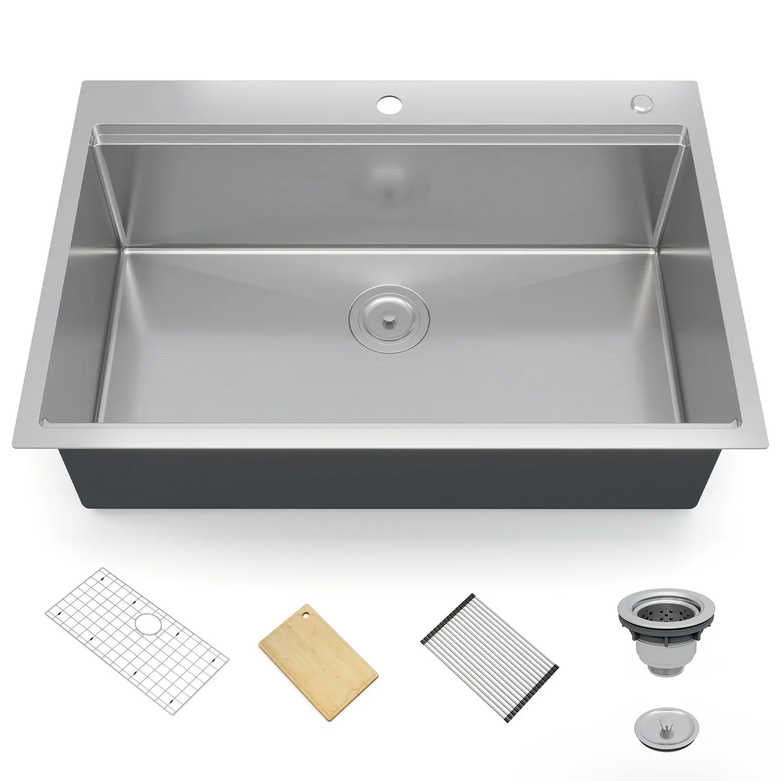 Versatile 33-Inch Undermount or 30-Inch Drop-In Workstation Kitchen Basin - 304 Stainless Steel, Single Bowl, 16 Gauge, Includes Accessories Set, Basket Strainer & Drying Rack, Professional Bar or Prep Utility Basin