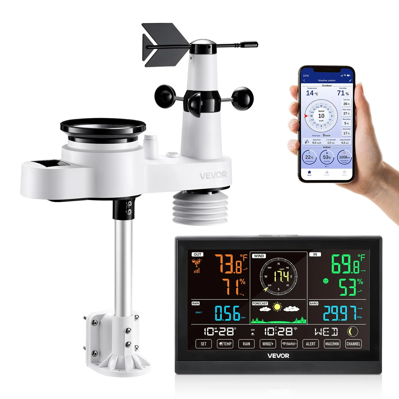 VEVOR 5-in-1 Wi-Fi Weather Station, 7.5-in VA Screen, Solar Powered Wireless Outdoor Sensor with Fixed Bracket, Rain Gauge, ABS+PC Build, Water Resistant, for Weather Forecast, Wind Speed-Direction, Temp-Humidity, Rainfall, 5W, Digital Display, Batteries