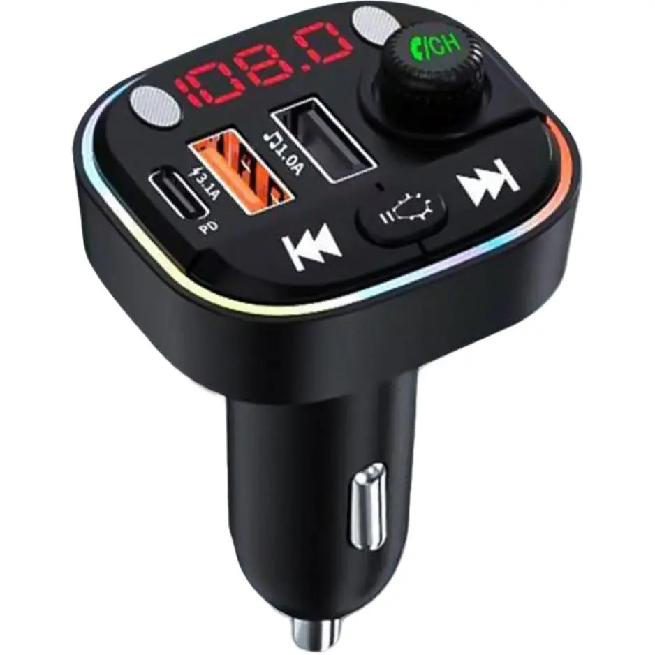 USB C Bluetooth Car Adapter AUX Wireless FM Transmitter Handsfree Calling Audio Receiver MP3 Player Type-C PD Charger Fast Charging Solution Stunning RGB Breathing Lights Dual Ports