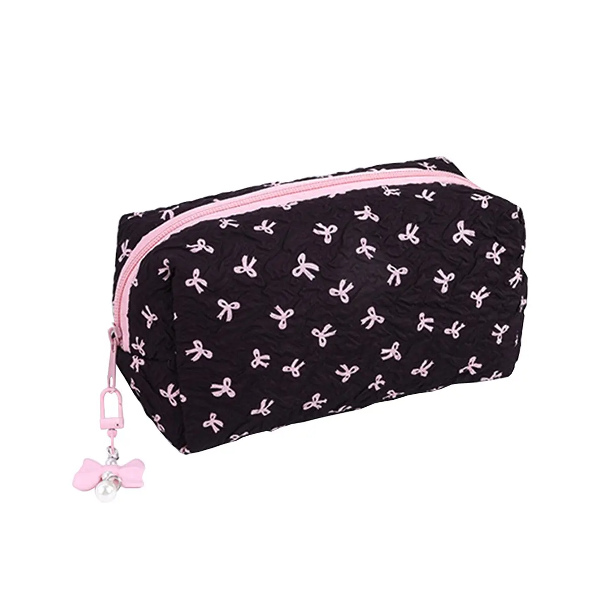 Quilted Bow-Print Pencil Case with Zipper Charm – Large-Capacity Pouch, Portable Stationery Organizer for School – Back-to-School Supplies