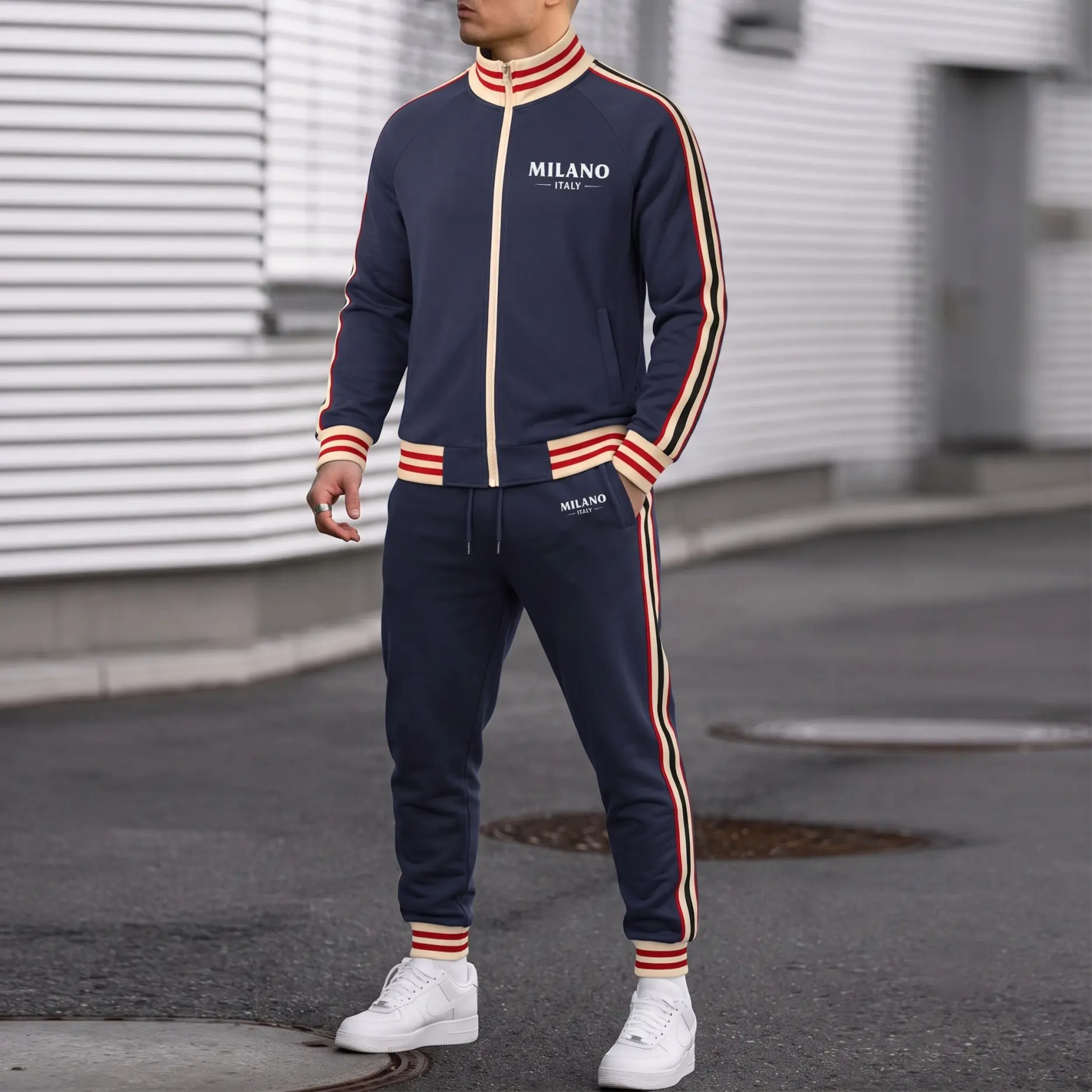 Men’s Retro Milano Graphic Two-Piece Tracksuit, Zip Track Jacket with Ribbed Trim and Matching Elastic Waist Jogger Pants, Contrast Side Stripe Sportswear Set for Casual Wear, Walking and Travel
