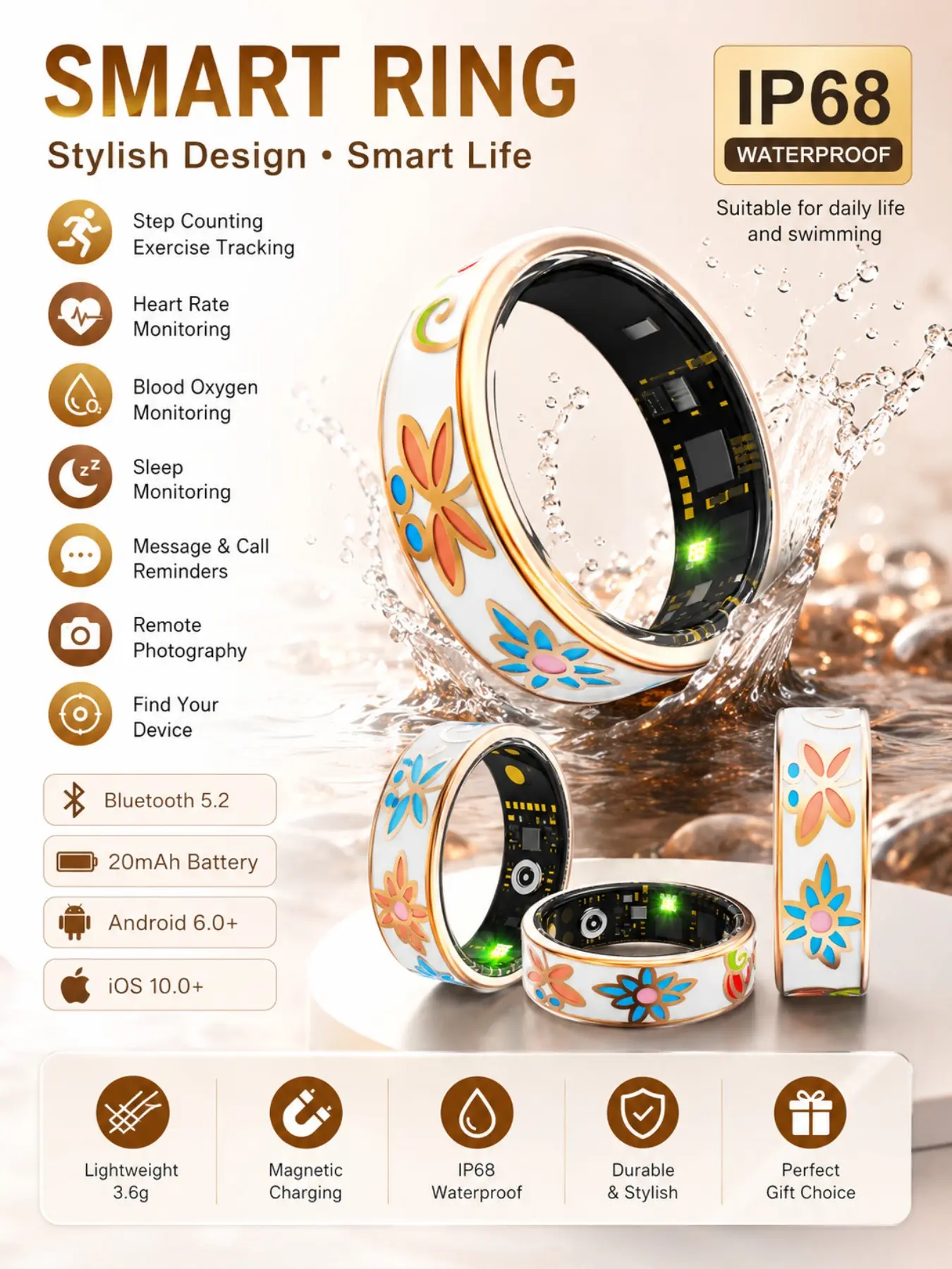 Unisex Smart Health Monitor Ring, Rose Gold Enamel, IP68 Waterproof, Bluetooth-compatible 5.2, Step Counter, Sleep & Heart Rate Tracking, Android iOS Compatible, Smart Ring Health Tracker, Fitness Wearable