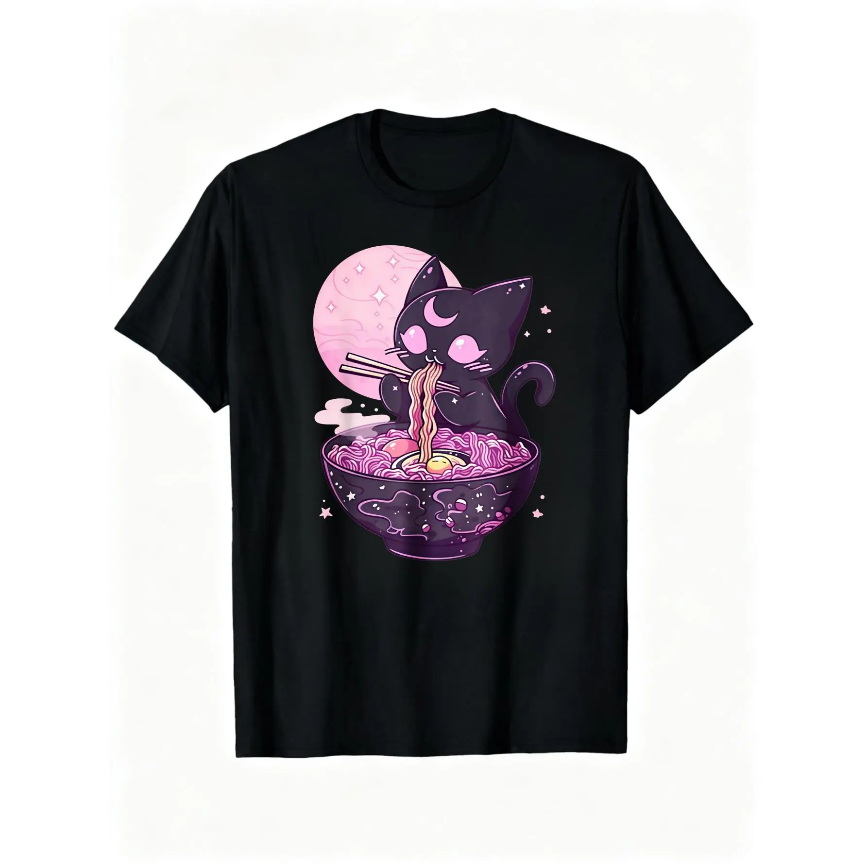 Dark Cute Gothic Anime Cat Ramen T-Shirt – Cotton Casual Tee With Whimsical Moon & Stars Design, Perfect For All Seasons, Anime Fan Apparel |   Vibrant Print Quality 100% Cotton 180gsm