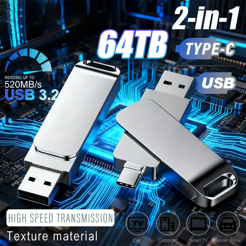 4TB USB 3.2 Flash Drive 520MB/s High Speed 2in1 TypeC OTG Pen Drive Waterproof Large Storage for Phone Computer PC Data Storage
