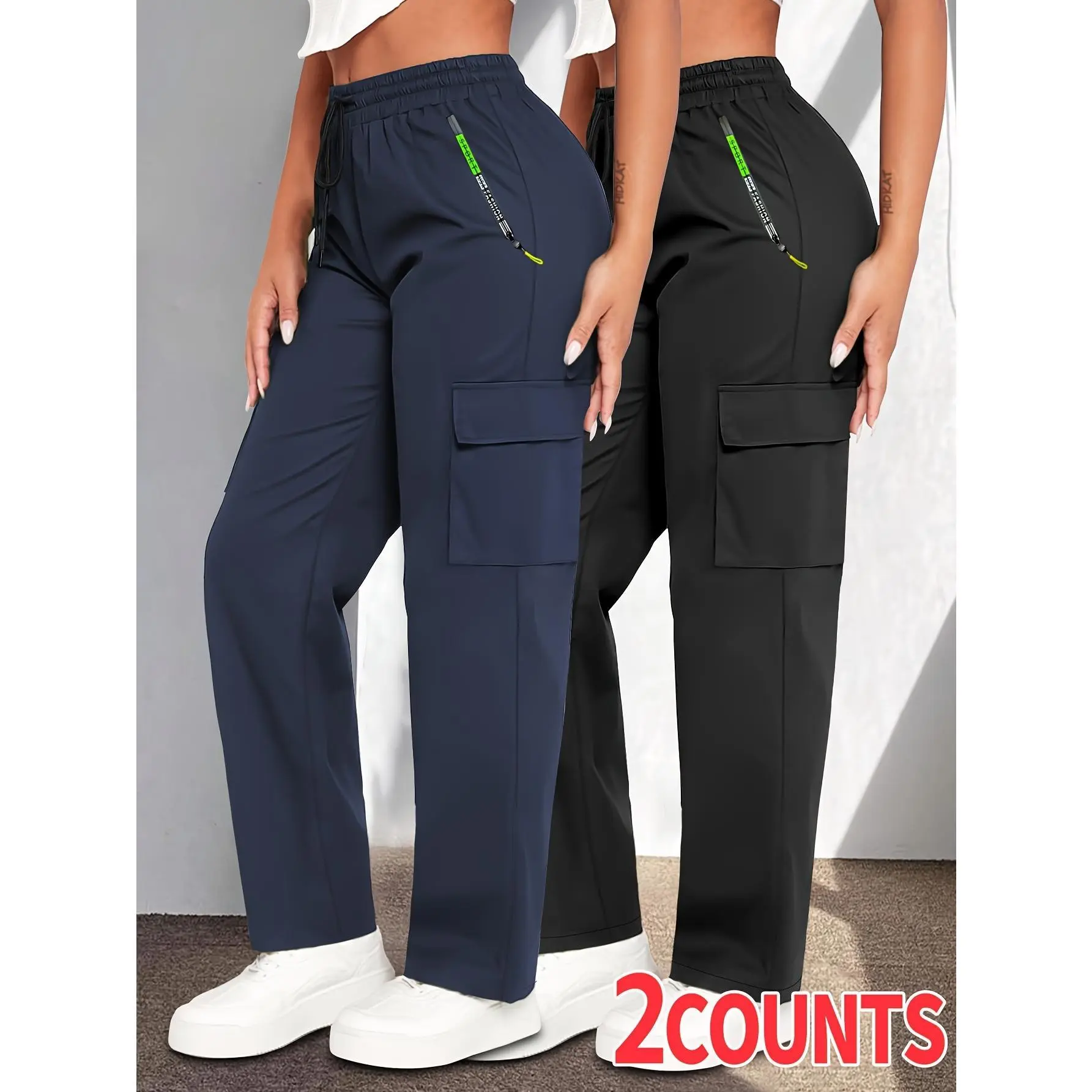 2-Pack Women's Tactical Cargo Pants - Heavy-Duty Work Pants with Full-Length Zipper Utility Pockets | Adjustable Drawstring Waist + Belt Loops | Water-Resistant for Outdoor, Travel & Work (Fall Collection)