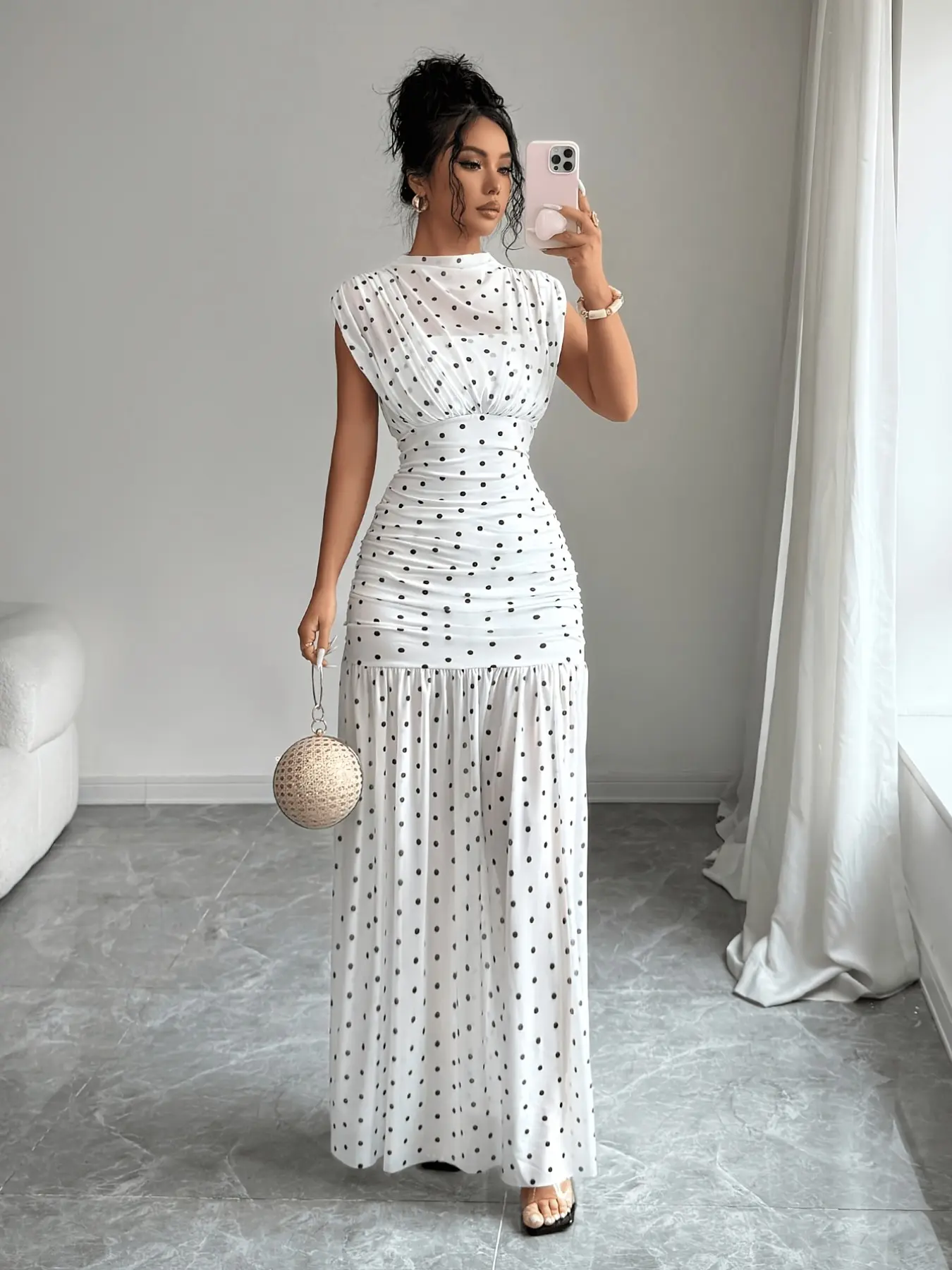 Women's Dress, Summer Short-Sleeved High-Neck Zipper Dot Printed Casual Dress, Elegant Slim-Fit Loose Party Dress, Suitable For Everyday Wear And Evening Events, Womenswear
