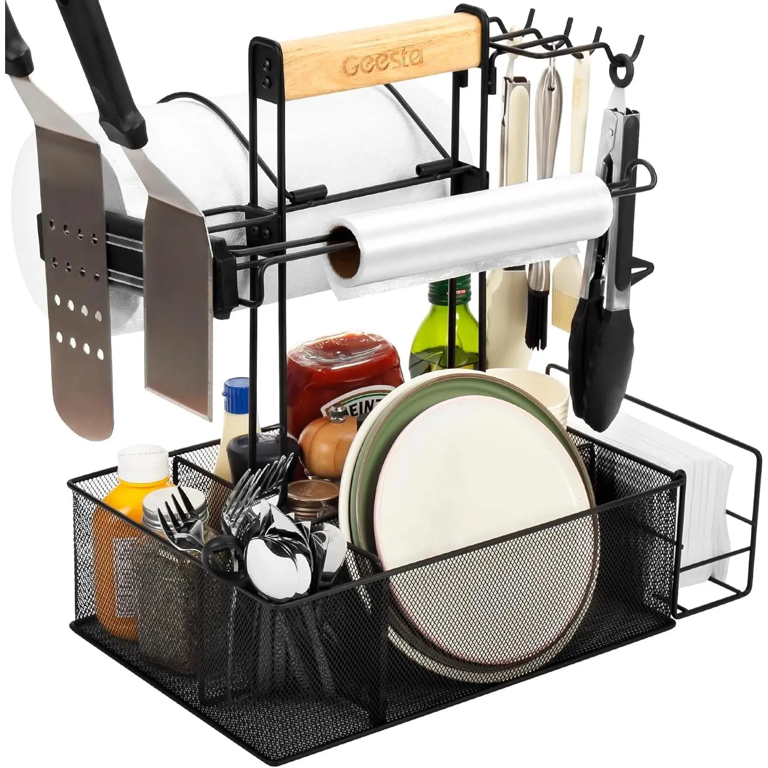 Grill Caddy for Outdoor Grill, BBQ Picnic Camping Caddy with Paper Towel Holder & Magnetic Tool Holder, Condiment Storage Utensil Kitchen Organizer for RV Camper, Tailgate AccessoriesGift