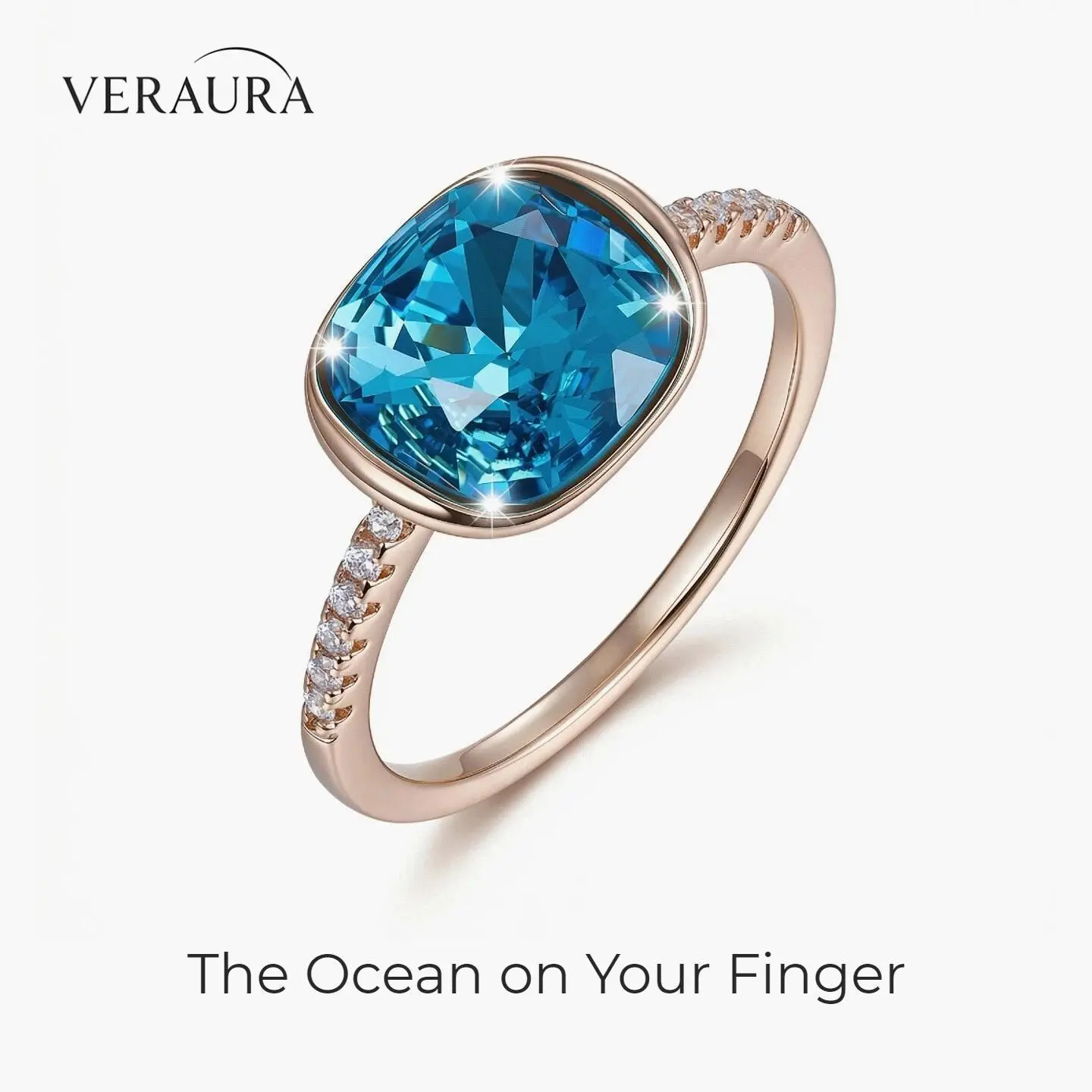Nude Gold Snag-Free Bezel Blue Cushion Ring | Grade 5A CZ | 18K Gold Plated | Smooth Edges - No Catching on Clothes | Waterproof & Hypoallergenic Jewellery