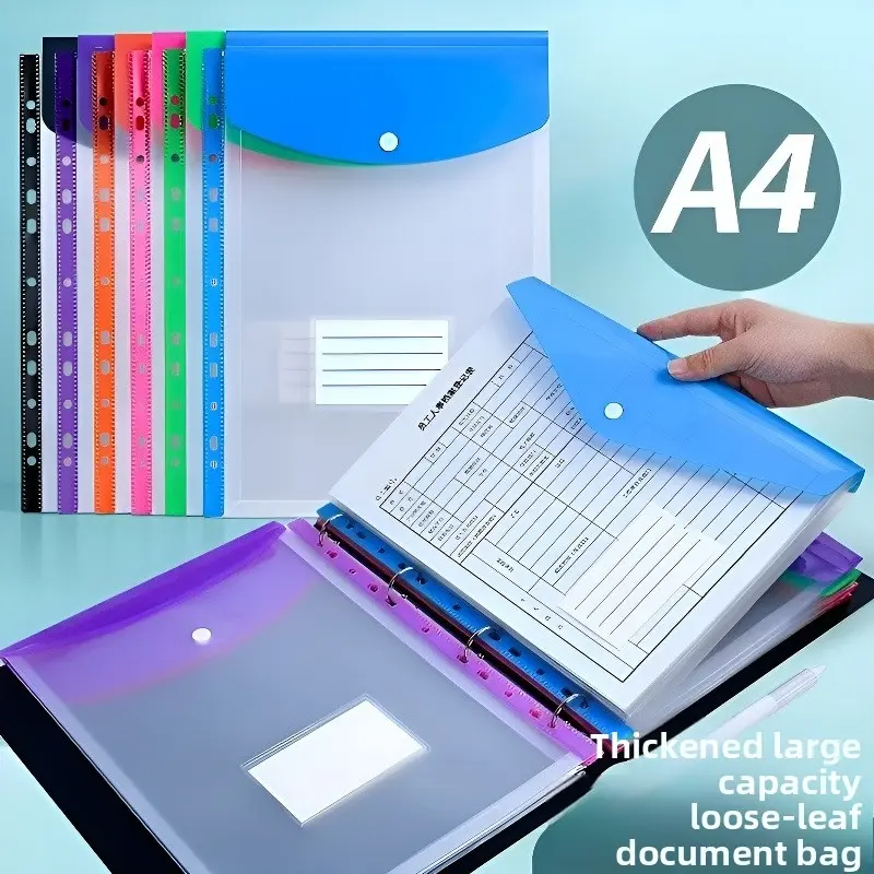 A4 Punched Pockets 6/12/24Pcs Plastic Wallets for A4 Binders Snap Closure Document Folders Assorted Colors Label Design Office Essentials Office Accessories