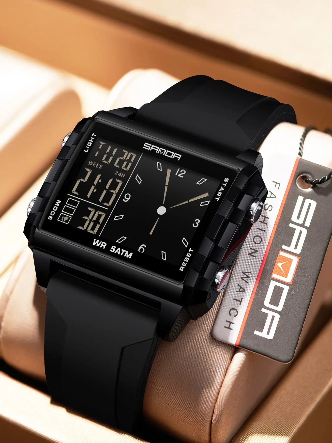 SANDA Fashion Electronic Watches for Man Luminous Calendar Waterproof Outdoor Sports Casual Analog Digital Quartz Digital Wristwatch, Luminous Dial, Fashionable Square Dial, with Box