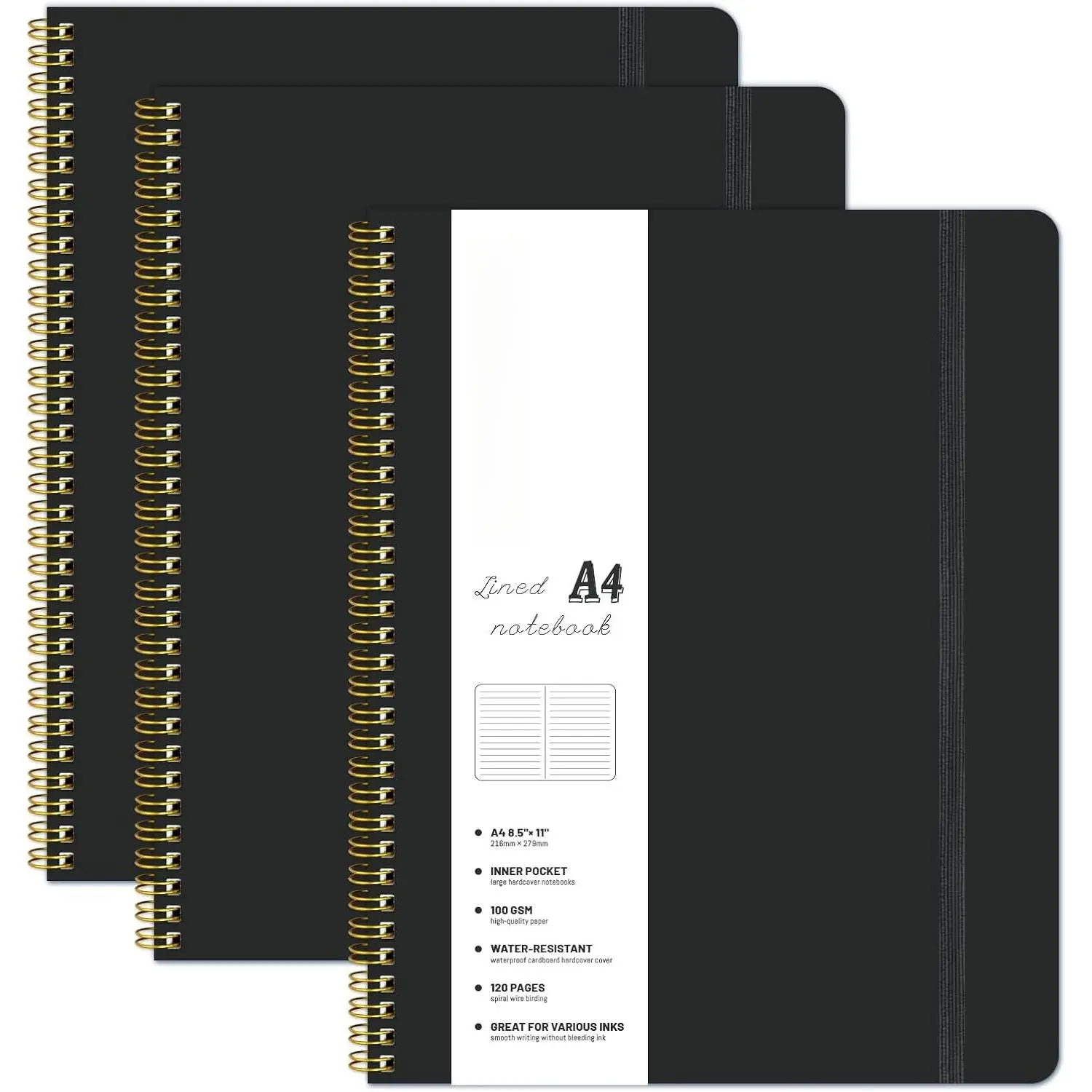 Hardcover Spiral A4 Lined Black Notebook with Elastic Band & Date Pages, 8.5in x 11in, 360 Pages 100gsm Thick Writing Journal for Work, Men & Women