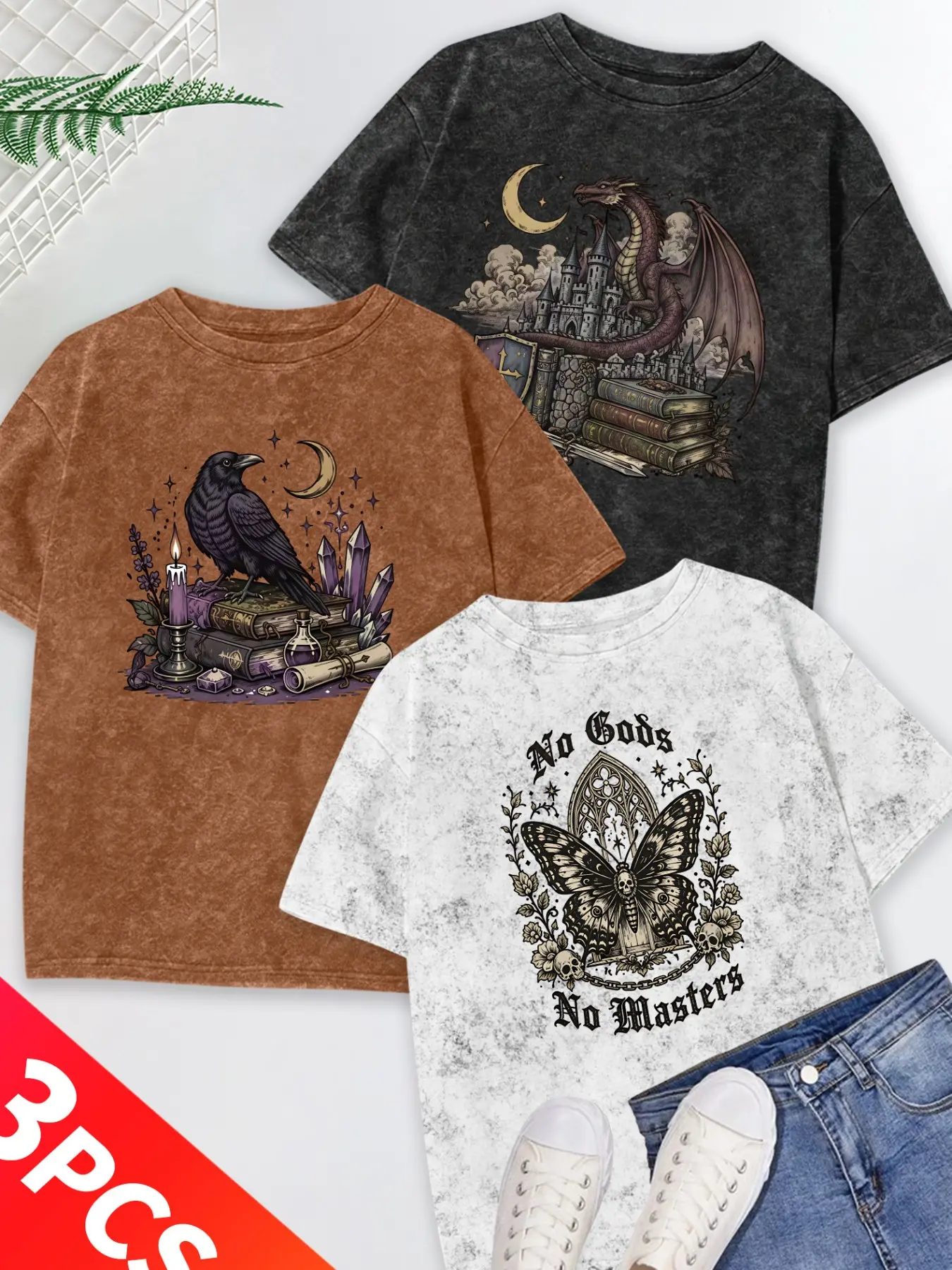 3Pcs Women Crew Neck Round Neck Tie Dye T-shirt, Crow Crystal Castle Dragon Gothic Skull Butterfly Dark Vintage Print, Soft Washable Casual Three-piece Tee Pack