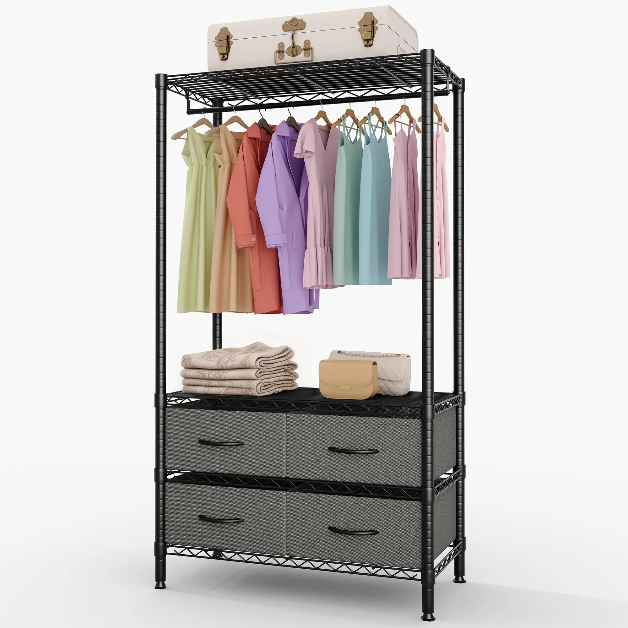 Garvee Durable Clothing Rack with Drawers, Supports Up to 682 lbs, Portable Garment Storage Solution for Hanging Clothes, Perfect for Bedroom or Basement Organization