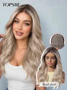 Topshe Mono Long Wig, Root, Light Milk Tea Gold Gradient, Side Part, Wavy, No Bangs, Easy Care, Full Headpiece, All Seasons