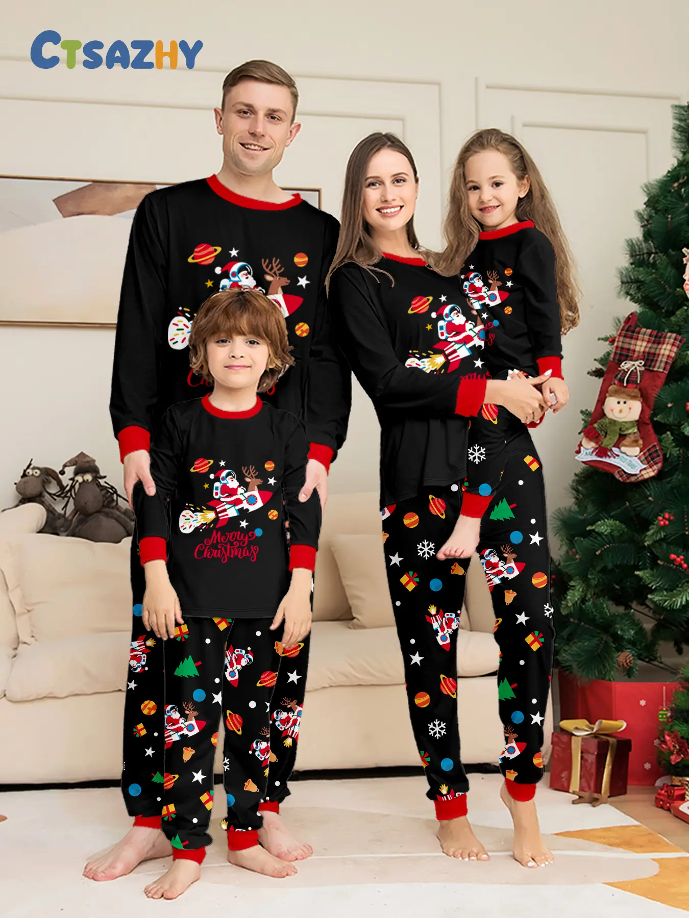Family Pajama Set, Long Sleeve Top with Trim, Santa Claus Rocket Design, Christmas Theme, Soft Comfortable, Perfect for Holidays