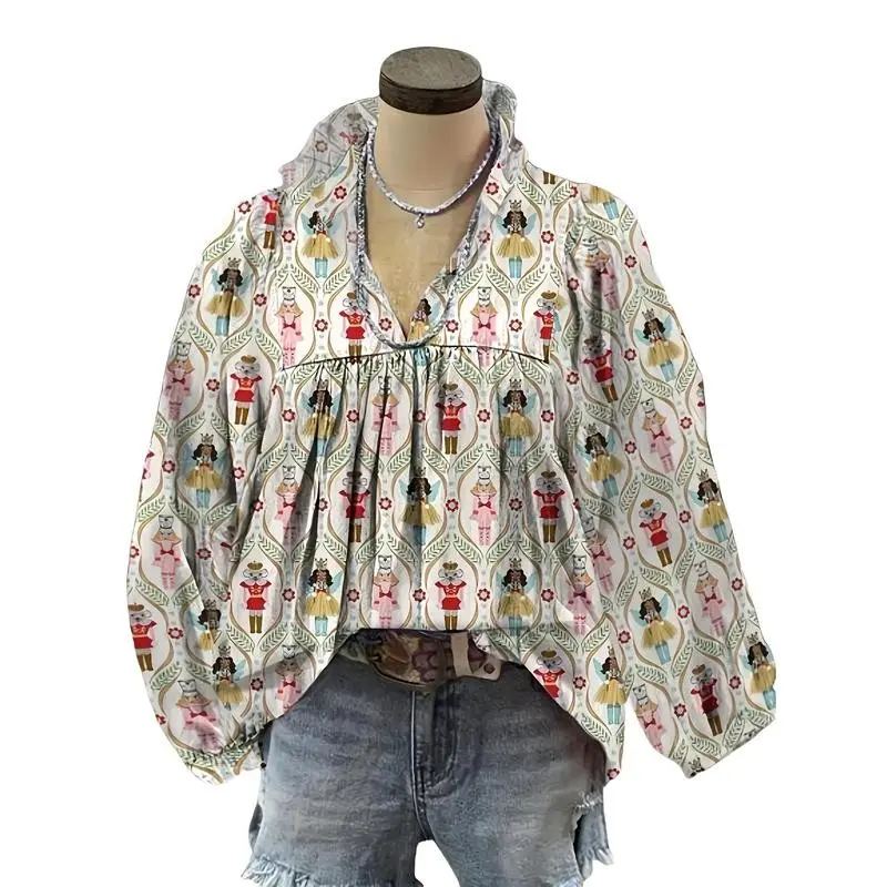 Women's Vintage Christmas Nutcracker Print V-Neck Blouse with Lantern Sleeves Festive Holiday Top in White Red Green & Black A-Line Cut Polyester for Autumn Winter Casual Wear