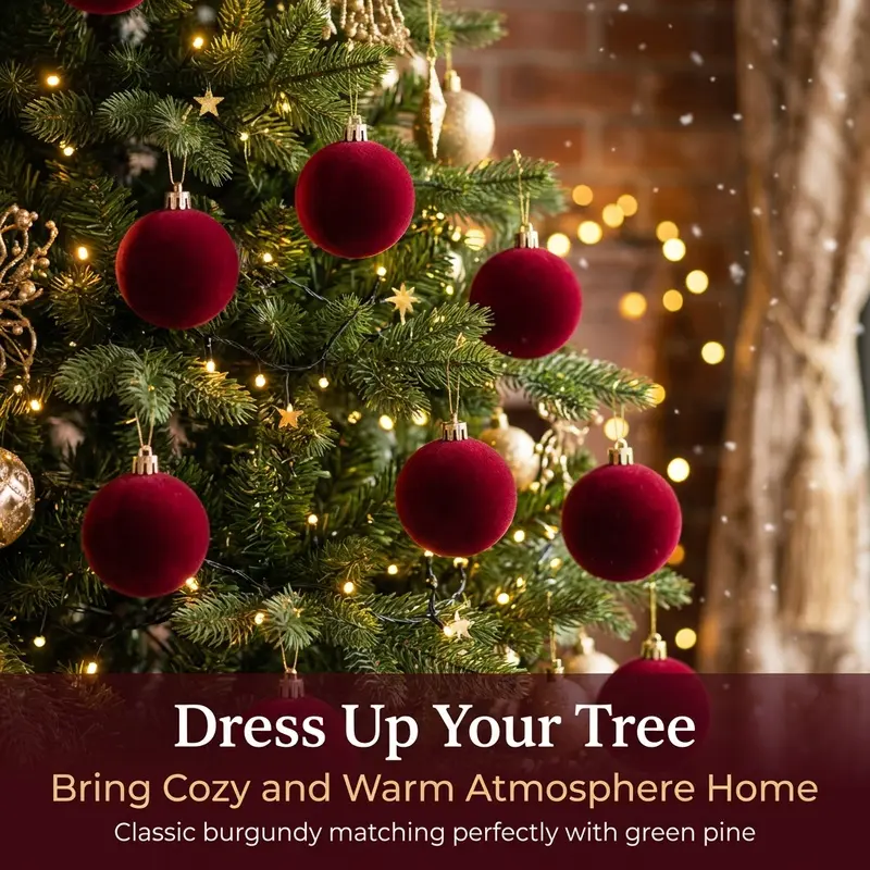 20Wine Velvet Christmas Ornaments, Shatterproof Flocked Tree Baubles with Hooks, Ideal for Holiday Parties, Home Decor, Weddings