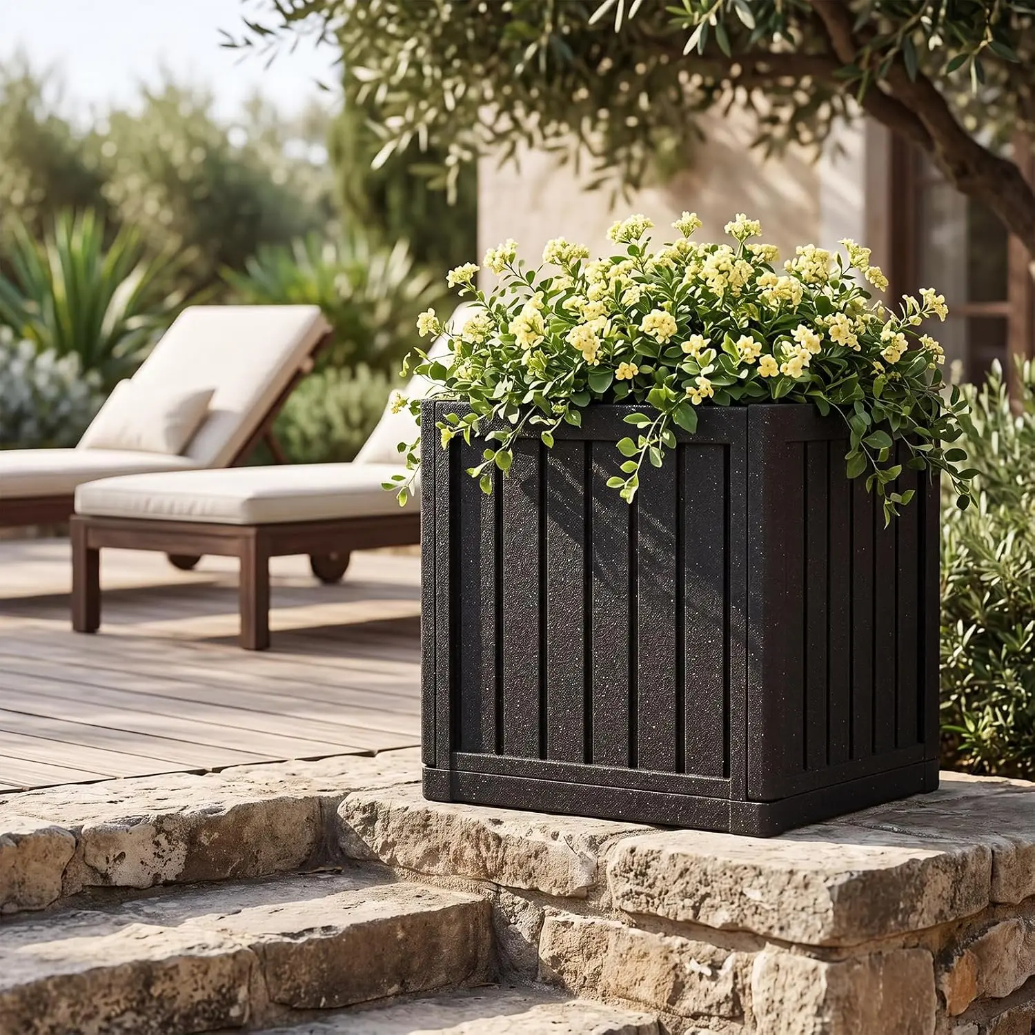 17.7" Cube Modern HDPE Plastic Planter Box, Black - Weather-Resistant Outdoor Planter with Breathable Drainage Hole for Patio/Porch, Root Growth Support