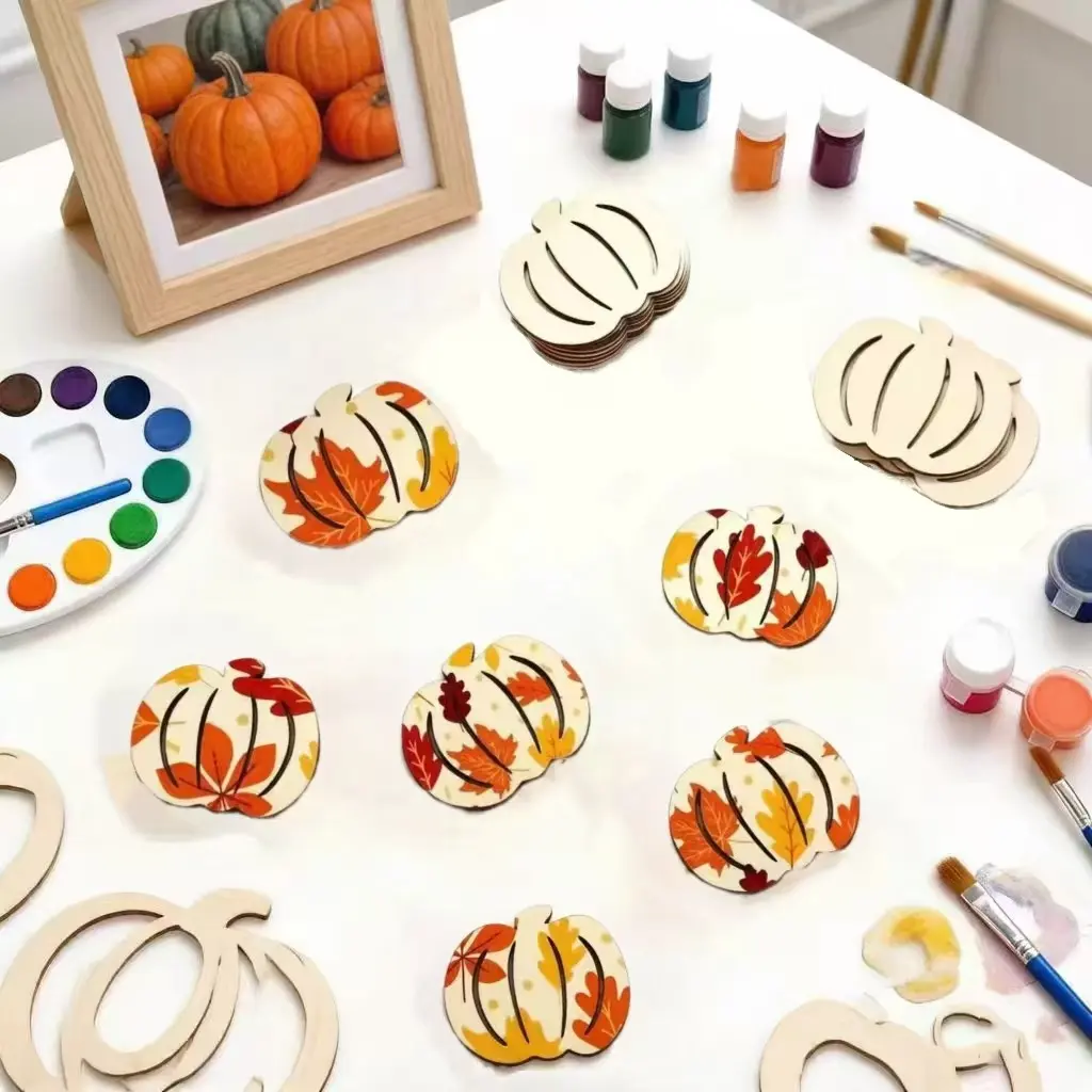 10 Creative DIY Hollow Pumpkin Ornaments, Natural Wood Simple Style, Hand-Painted DIY, Halloween Thanksgiving Home Decor, Hanging Decoration