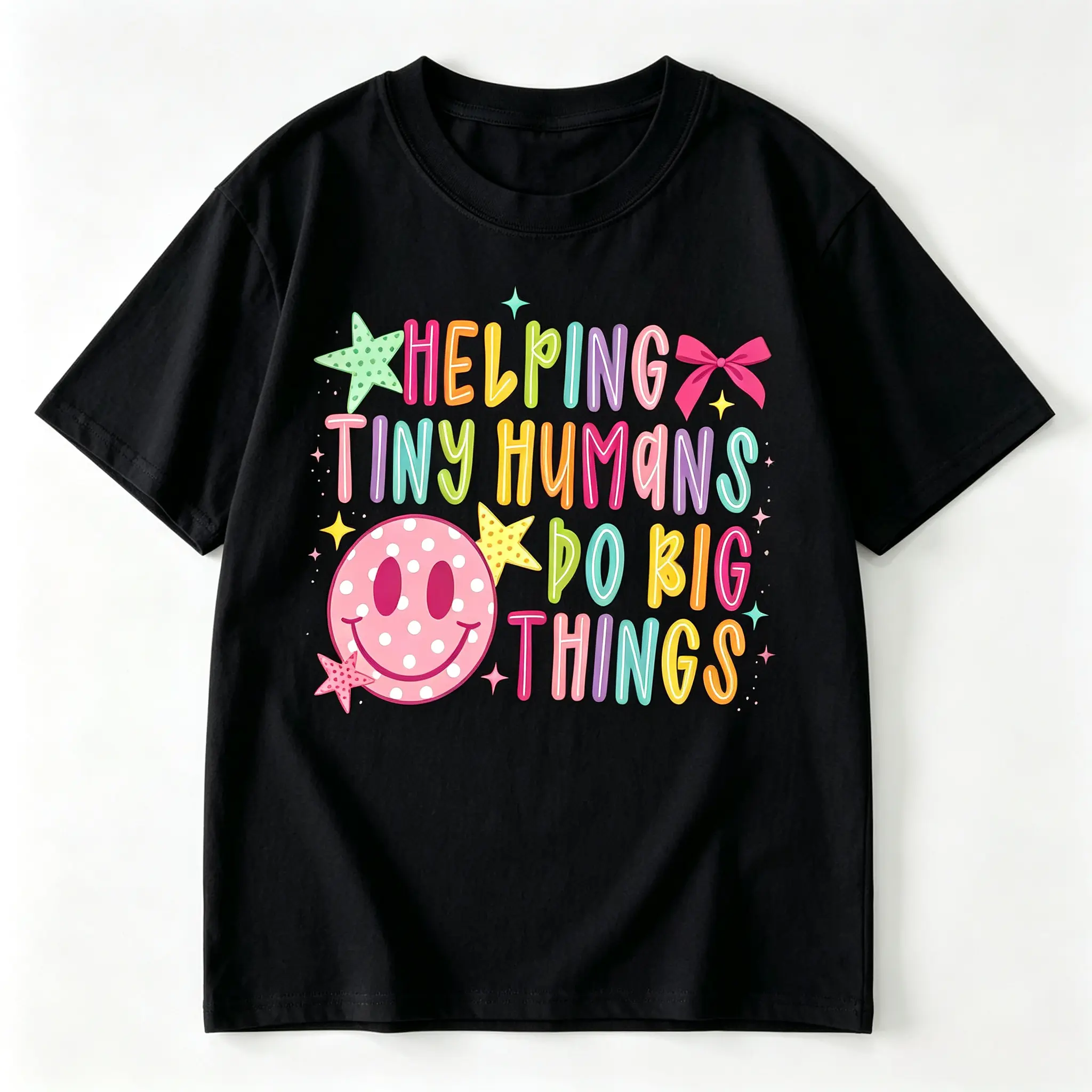 Educators' Short-Sleeve Round Neck Casual Streetwear Top - Soft Cotton Preppy Neon Crayon Design Smiley Face Back to School Classroom Appreciation Gift Sport Top, Shortsleeve, Tshirt