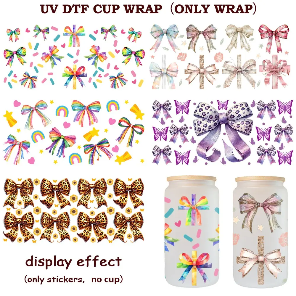 5 Piece Colorful Bowknot Theme UV DTF Stickers, DIY Stickers for Glass Cups, Mugs, Woodcraft, Water Bottles, Christmas Decor