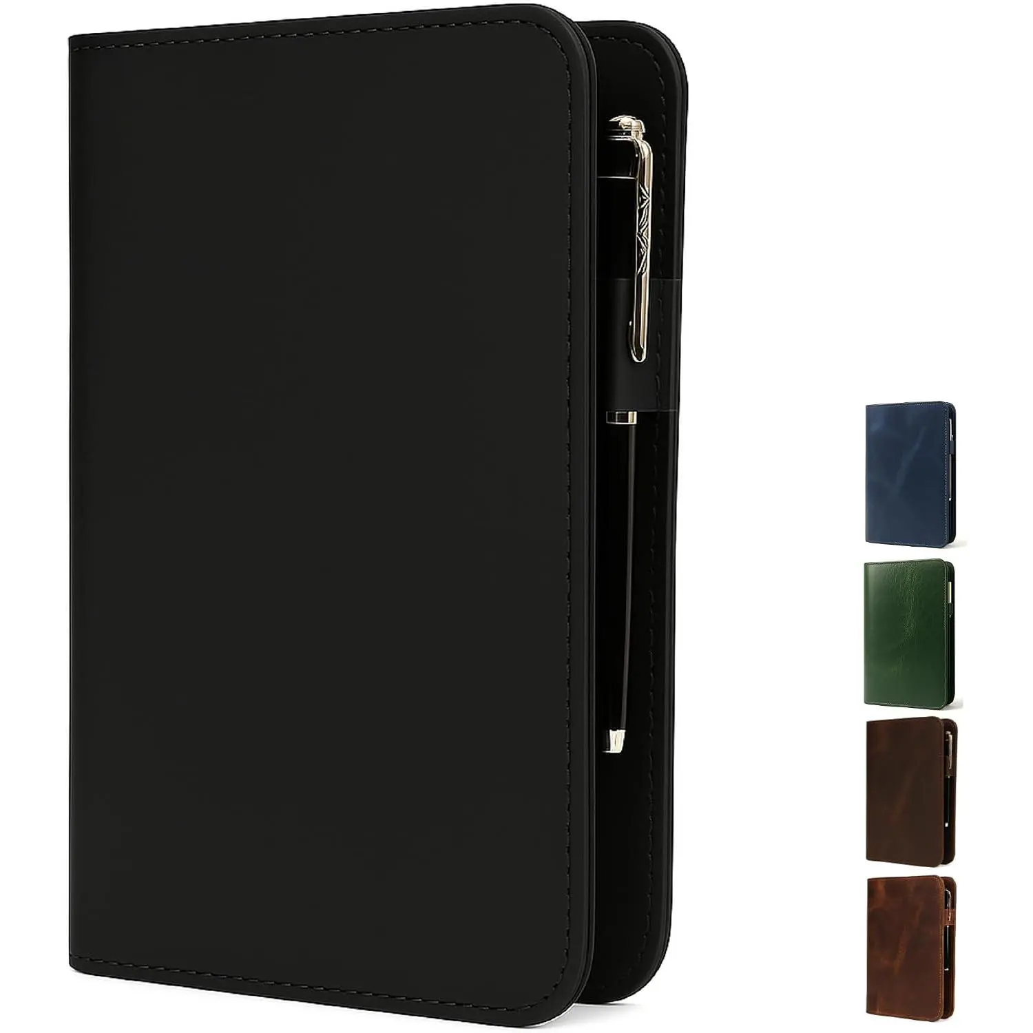 Minimalist Slim Profile A5 Leather Journal Cover for 5.75"x8.25" Notebook Refill - Refillable, with Card Slots & Pen Holder, Personal Organizer for Men/Women, Black Office Desk Accessory