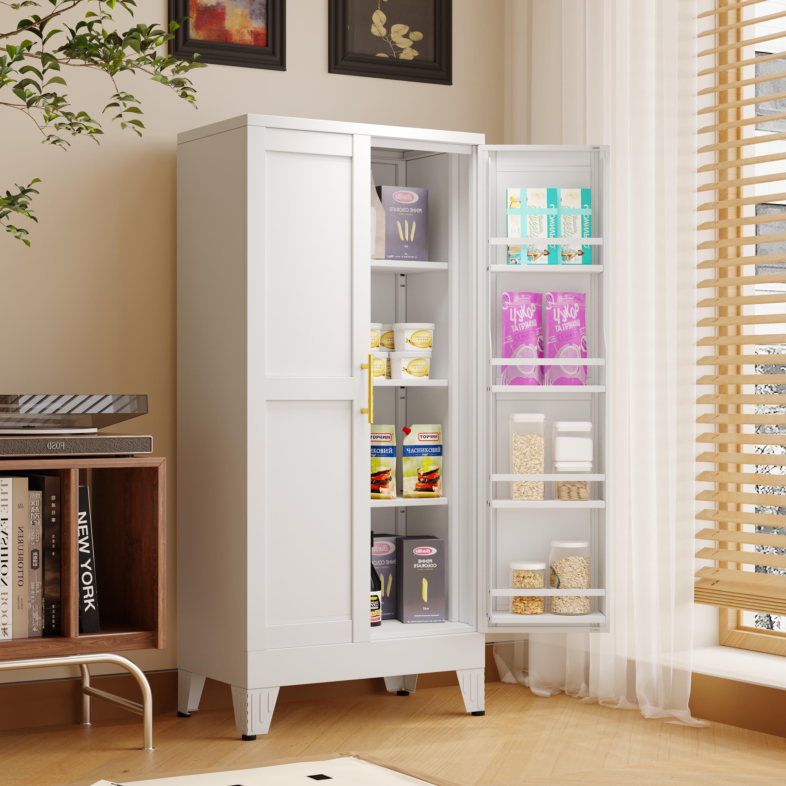 Metal Kitchen Pantry Cabinet,47.24“ Tall Storage Cabinet with 2 Doors, Cupboard with 8 Hanging Shelves and Adjustable Shelves for Kitchen, Dining Room mothersdaygift White Aesthetic